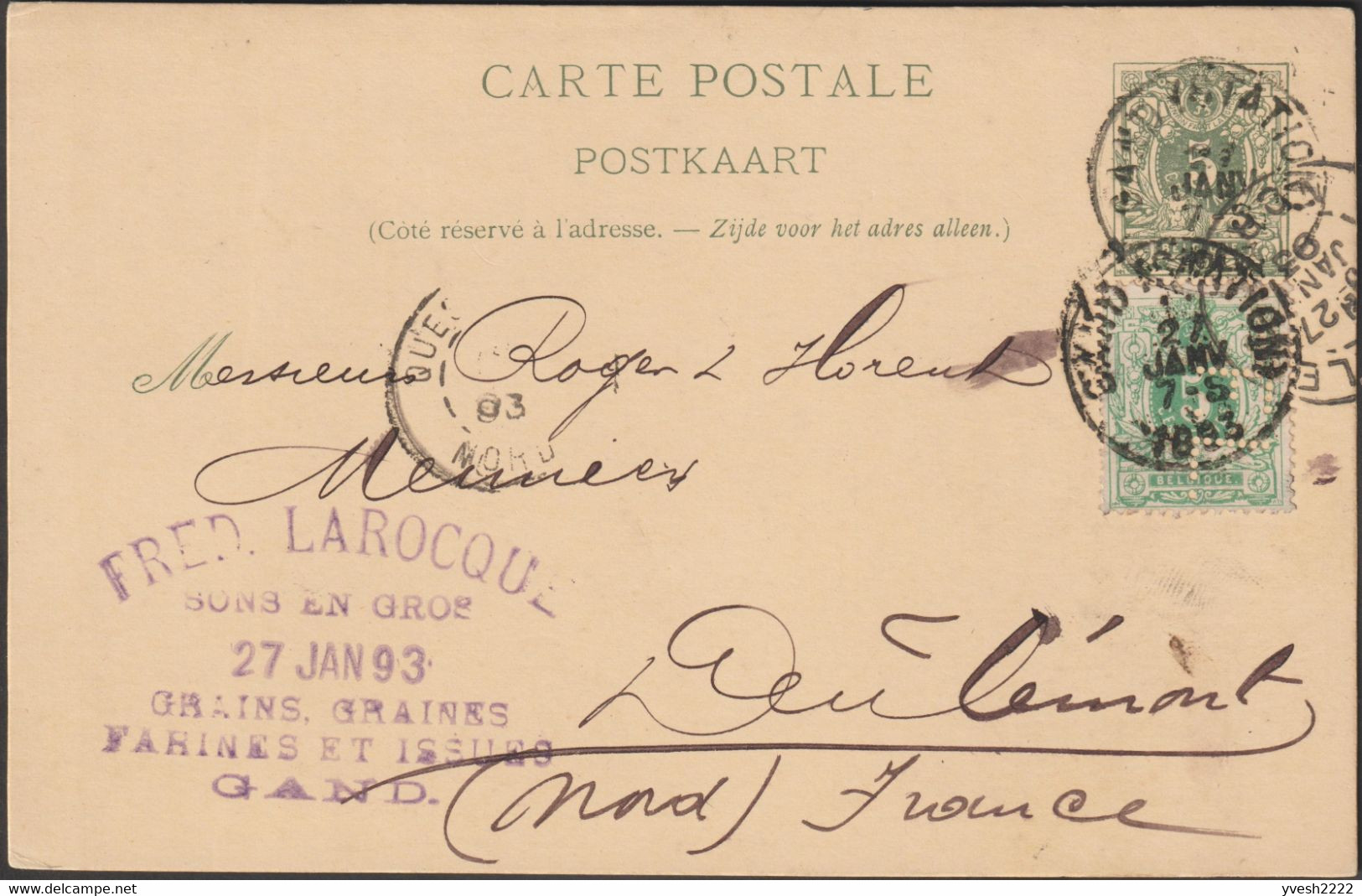 Belgique 1893. Entier Postal Complément Identique Perforé Pour L'étranger, F.L. Fred Laroque, Gand. Sons Graines Farines - Agriculture