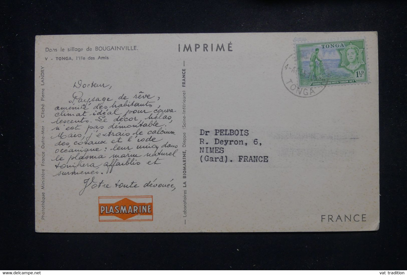 TONGA - Carte Commerciale (  Plasmarine) Pour La France En 1955  - L 136467 - Tonga (...-1970)