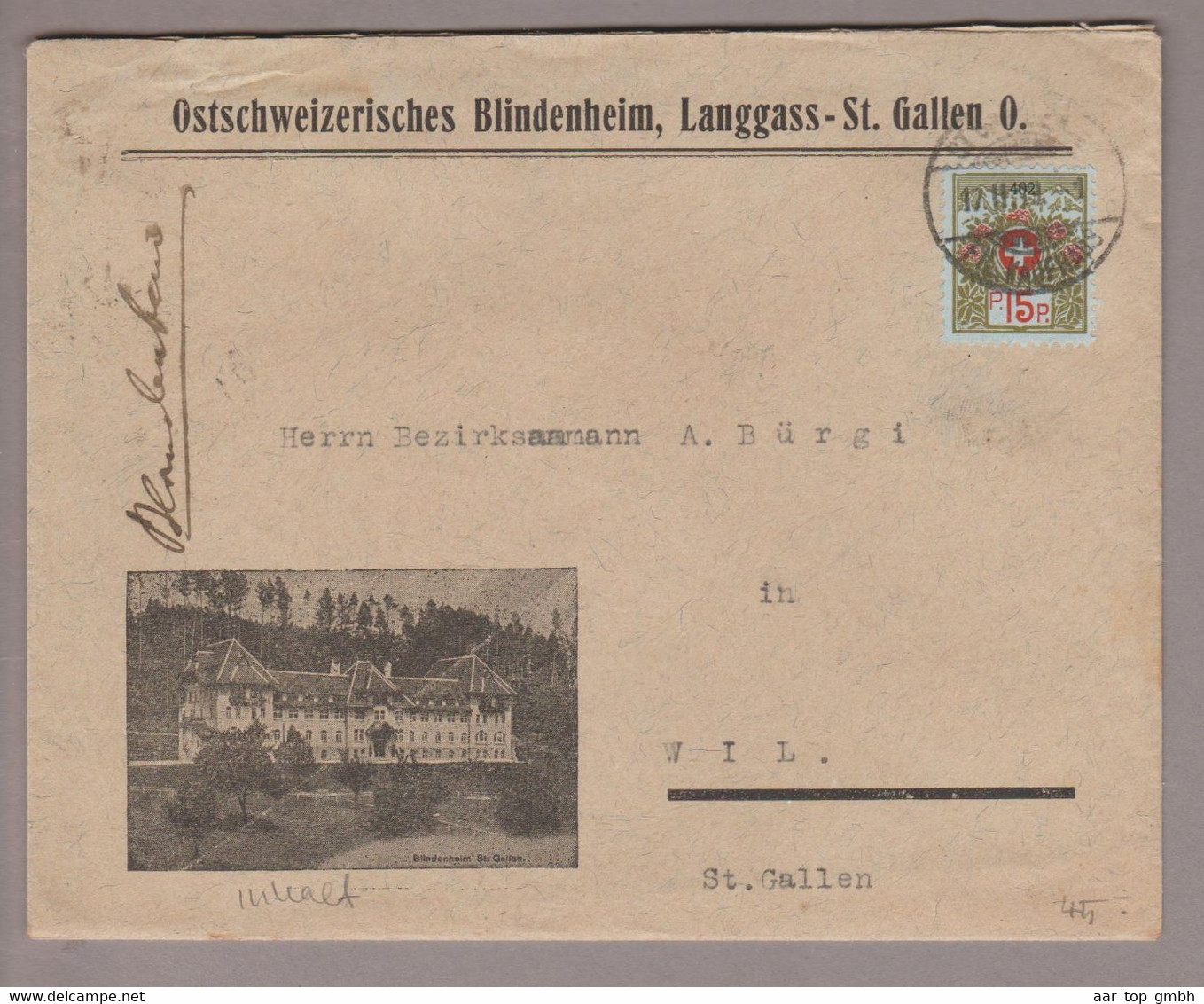 CH Portofreiheit 1919-02-17 St.Gallen Brief Mit Inhalt Mit Zu#6A Kl#402 Ostschweiz. Blindenheim, Langgass-St.Gallen - Portofreiheit