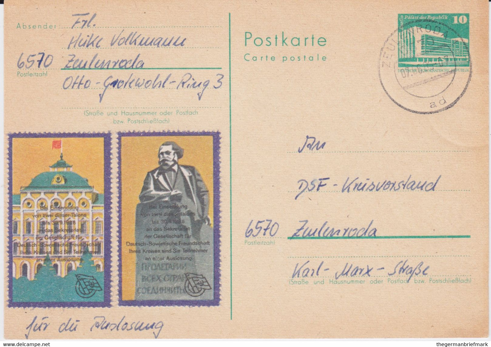 DDR Ganzsache P 84 M Vignetten DSF Zeulenroda 1986 - Postcards - Used