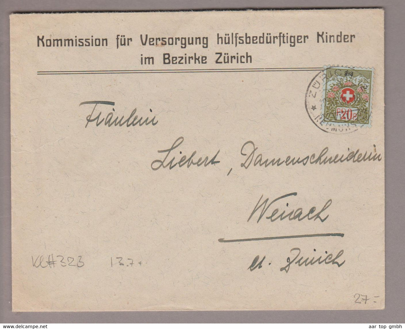 CH Portofreihei 1925-11-19 Brief Mit Zu#7A 20Rp. Kl#323 Kommission F.Versorgung Hülfsbedürftiger Kinder Bez.Zürich - Vrijstelling Van Portkosten