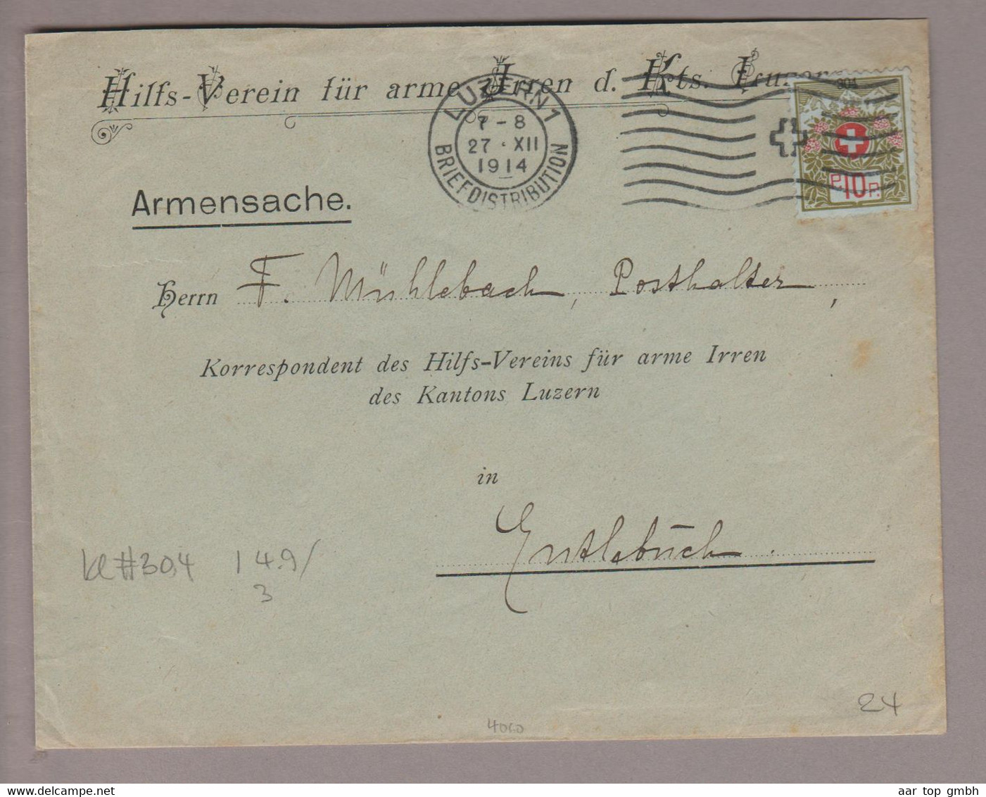 CH Portofreihei 1914-12-27 Luzern1 Brief Mit Zu#5A 10Rp. Kl#304 Hilfs-Verein Für Arme Irren Kt.Luzern - Franchigia