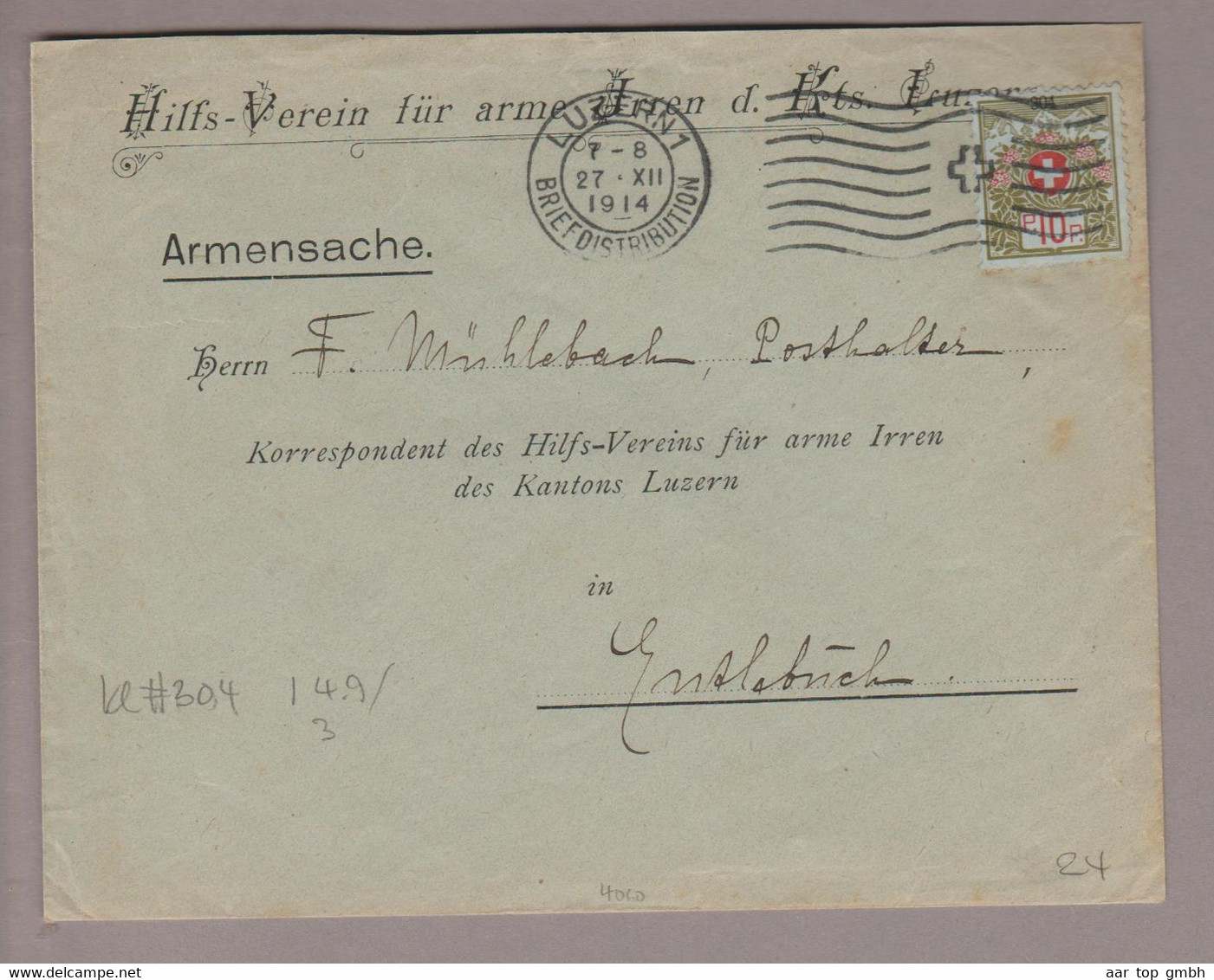 CH Portofreihei 1914-12-27 Luzern1 Brief Mit Zu#5A 10Rp. Kl#304 Hilfs-Verein Für Arme Irren Kt.Luzern - Portofreiheit