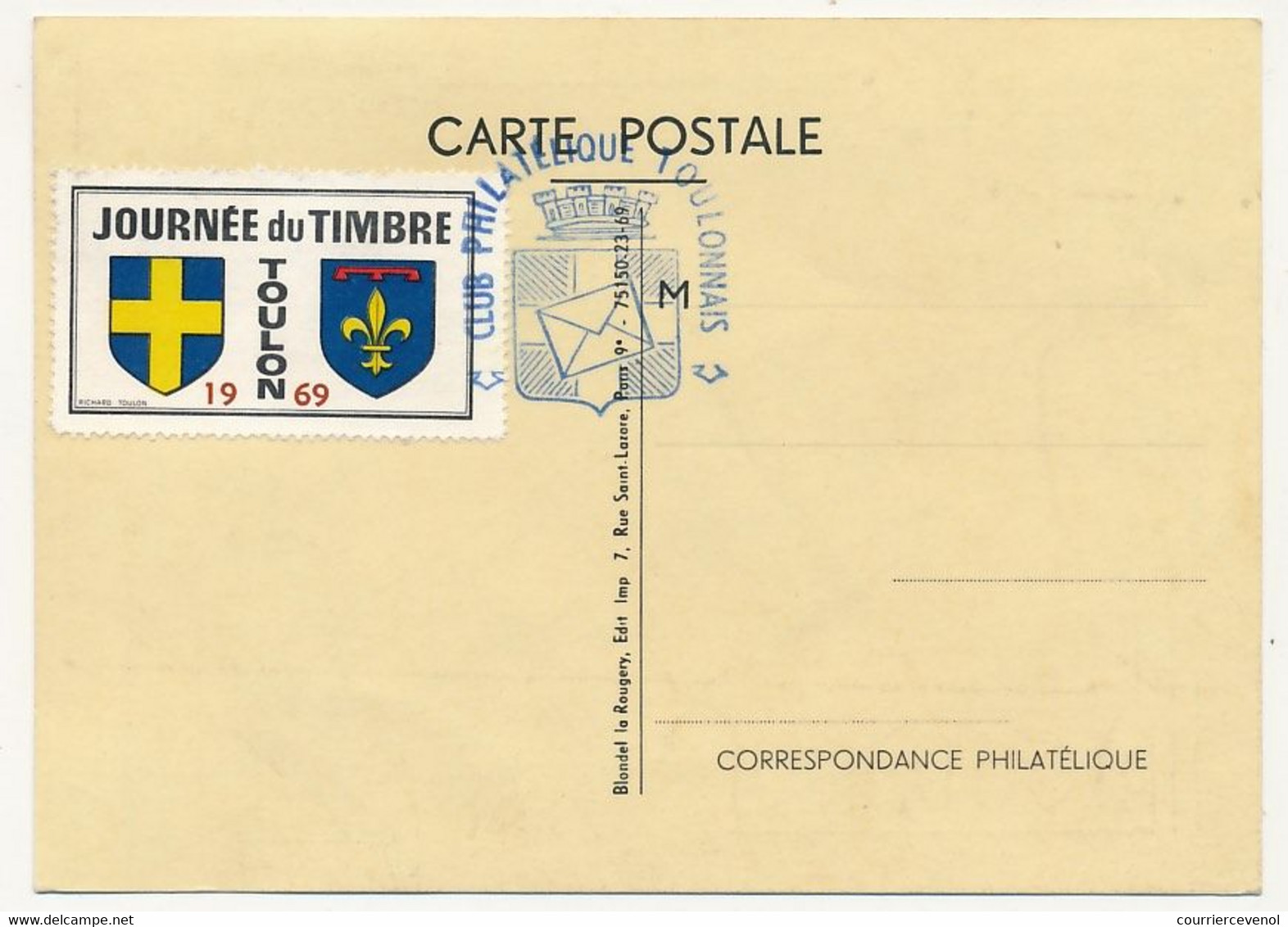 FRANCE - Carte Locale - Journée Du Timbre 1969 - Transport Des Facteurs - 83 TOULON - 15/3/1969 + VIGNETTE - 1970-1979