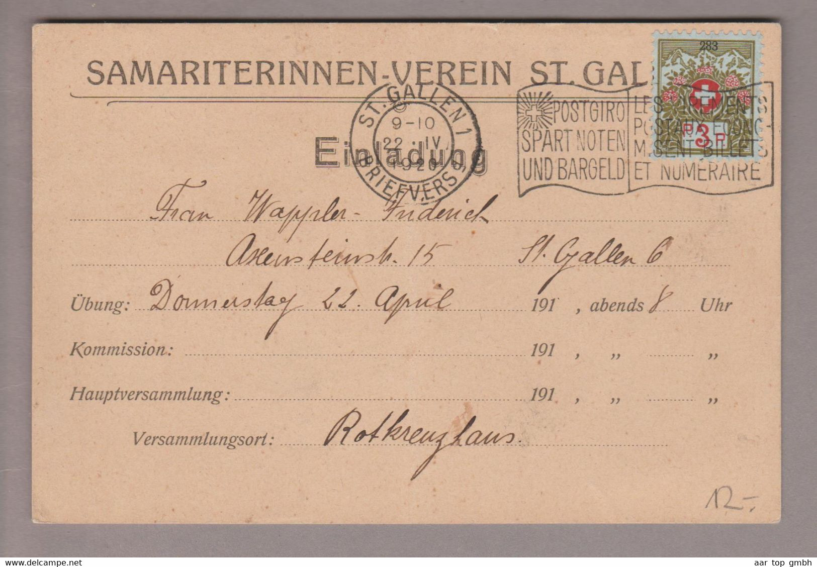 Motiv Samariter 1920-04-22 St.Gallen Portofreiheit-Postkarte Samariterinnen-Verein St.Gallen Zu#3A 3Rp. Kl#253 - Vrijstelling Van Portkosten