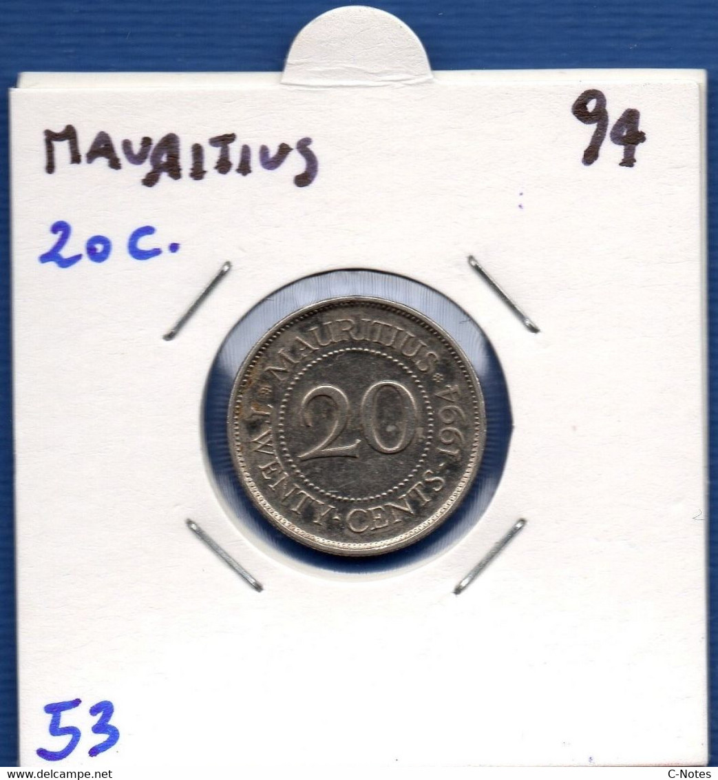 MAURITIUS - 20 Cents 1994  -  See Photos -  Km 53 - Maurice