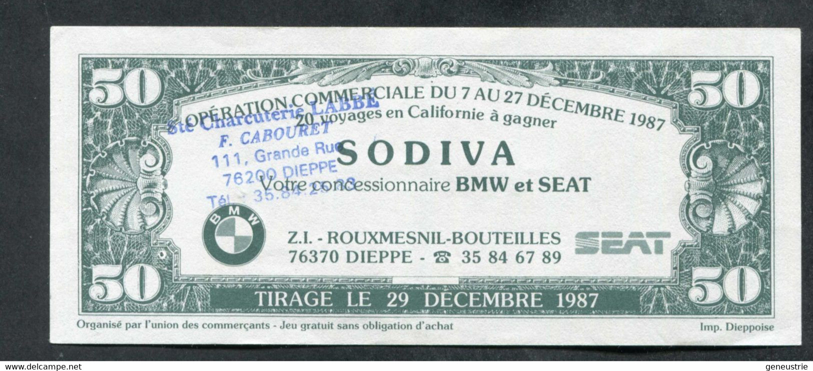 Billet Publicitaire 50 Dollars "Charcuterie Labbé - Dieppe C'est L'Amérique" Sovida Concessionnaire BMW Et SEAT à Dieppe - Specimen