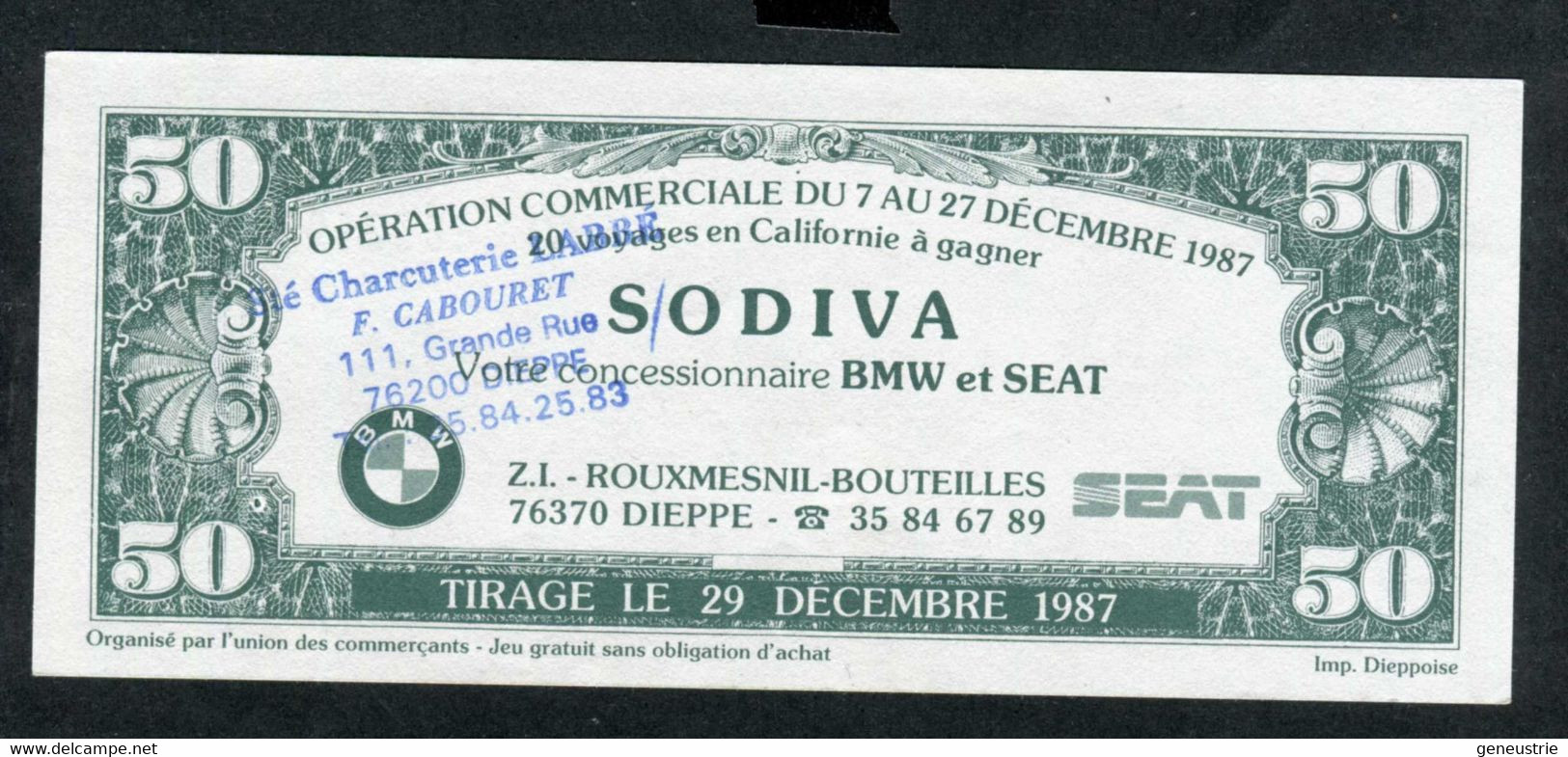 Billet Publicitaire 50 Dollars "Charcuterie Labbé - Dieppe C'est L'Amérique" Sovida Concessionnaire BMW Et SEAT à Dieppe - Fiktive & Specimen