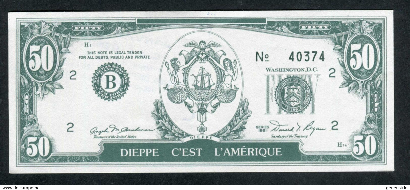 Billet Publicitaire 50 Dollars "Janval Fleuri - Dieppe C'est L'Amérique" Sovida Concessionnaire BMW Et SEAT à Dieppe - Specimen