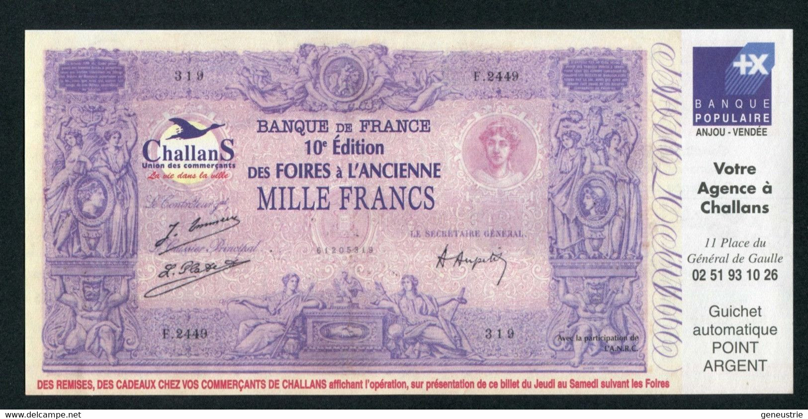 Beau Billet Fictif Fantaisie 1000 Francs "10e Edition Des Foires à L'Ancienne Challans - Banque Populaire Anjou Vendée" - Fiktive & Specimen