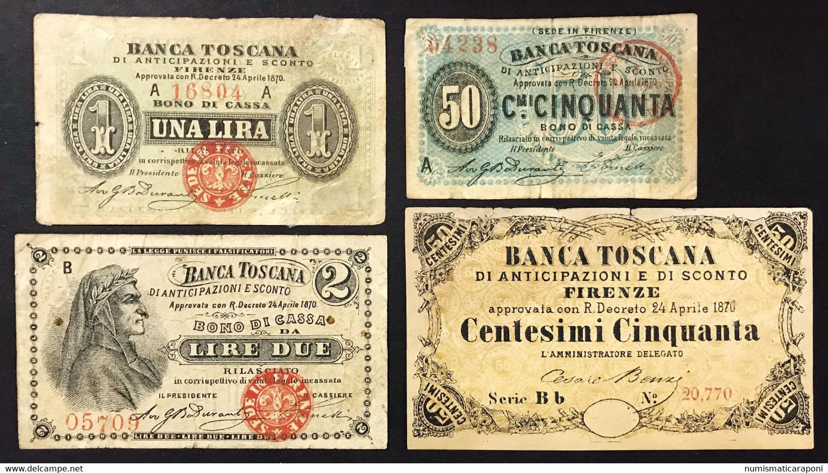 Banca Toscana Di Anticipazione E Sconto 1870 50 + 50 Cent + 1 + 2 Lire Q.fds/fds LOTTO 4263 - Colecciones