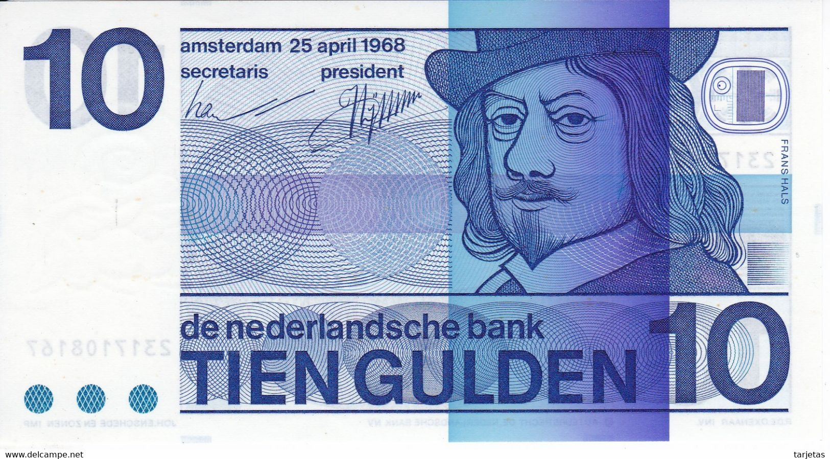 BILLETE DE HOLANDA DE 10 GULDEN DEL AÑO 1968 SIN CIRCULAR (UNC) (BANKNOTE)  FRANS HALS - 10 Gulden