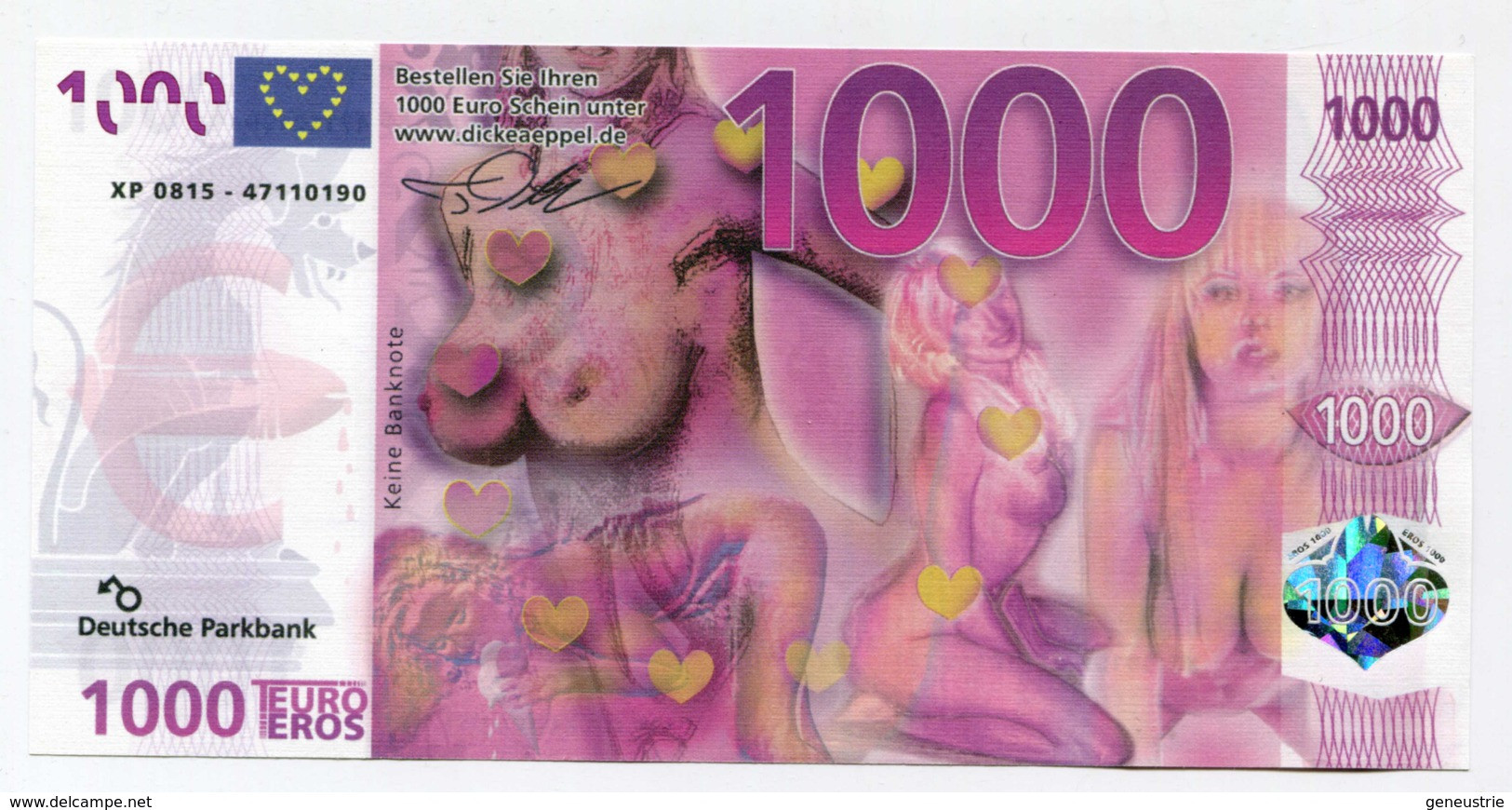 Billet De Banque érotique "1000 Euro/eros" Erotic Bank Note - Deutsche Parkbank - [17] Fictifs & Specimens