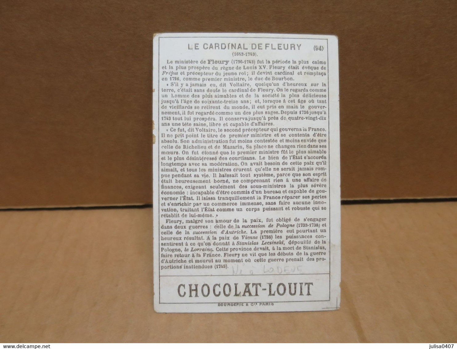 Evèque FLEURY Né à LODEVE (34) Chromo Publicitaire Chocolat Louit - Lodeve