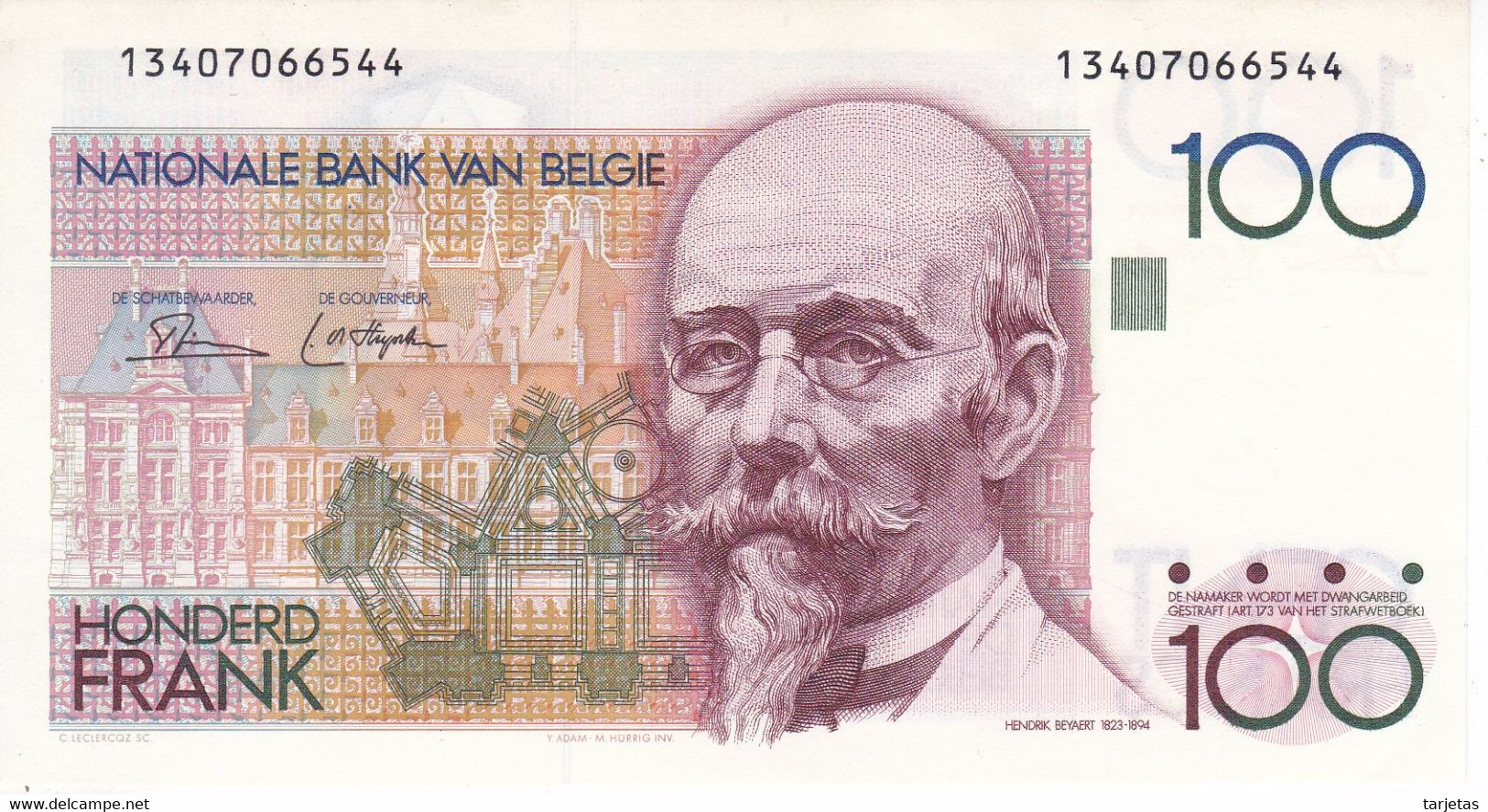 BILLETE DE BELGICA DE 100 FRANCS DEL AÑO 1982 SIN CIRCULAR (UNC) (BANK NOTE) - 100 Francos