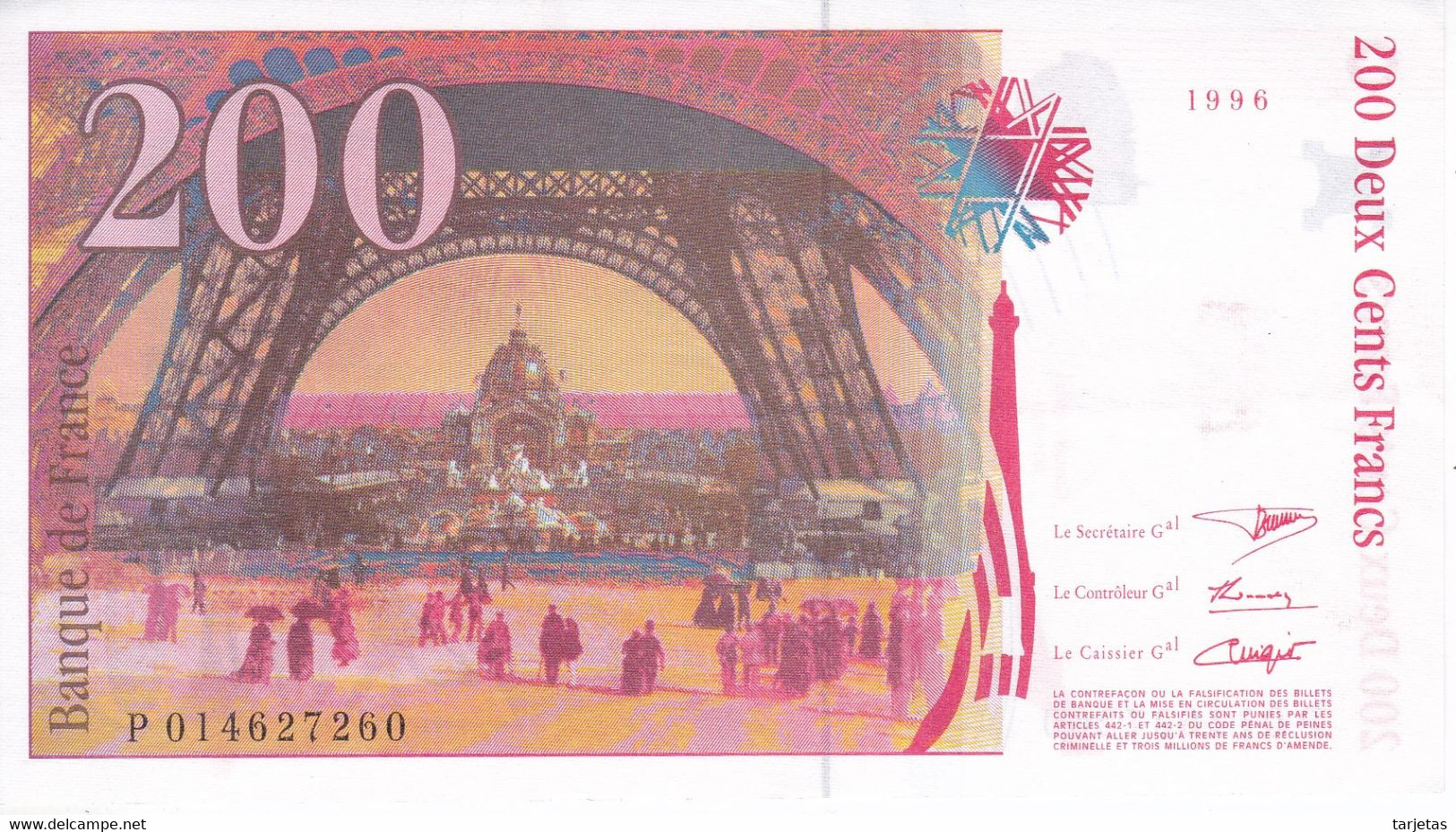 BILLETE DE FRANCIA DE 200 FRANCS DEL AÑO 1996 EN CALIDAD EBC (XF) (BANKNOTE) EYFFEL - 200 F 1995-1999 ''Eiffel''