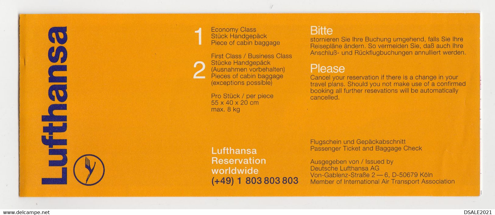 German Germany Deutschland Airline Carrier LUFTHANSA Passenger Ticket Billet Used (16610) - Biglietti