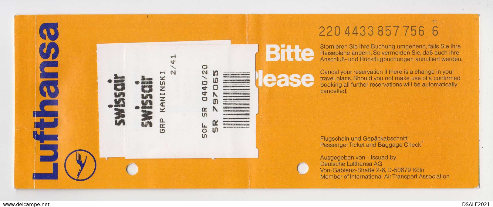 German Germany Deutschland Airline Carrier LUFTHANSA Passenger Ticket Billet Used (12078) - Biglietti