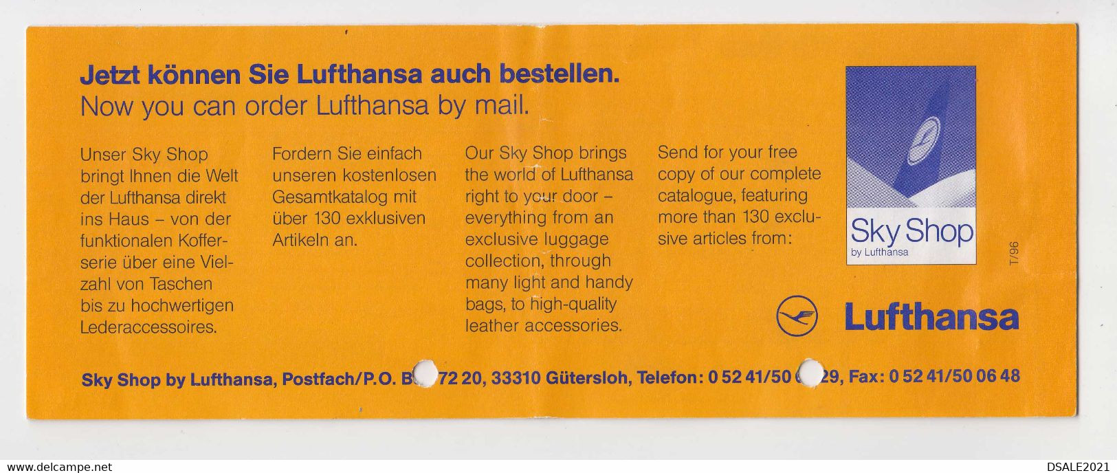 German Germany Deutschland Airline Carrier LUFTHANSA Passenger Ticket Billet Used (12078) - Tickets