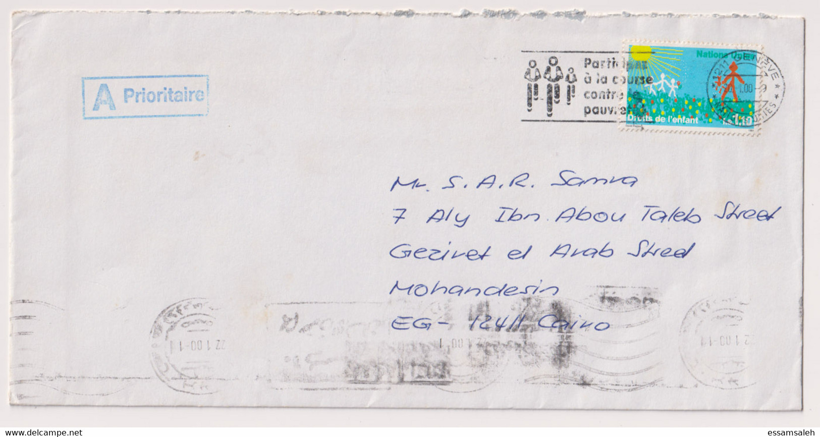 UNS14401 UN Nations Unies Geneve 2000 Registered Cover Tied Les Droits De L'enfant Addressed Egypt - Storia Postale