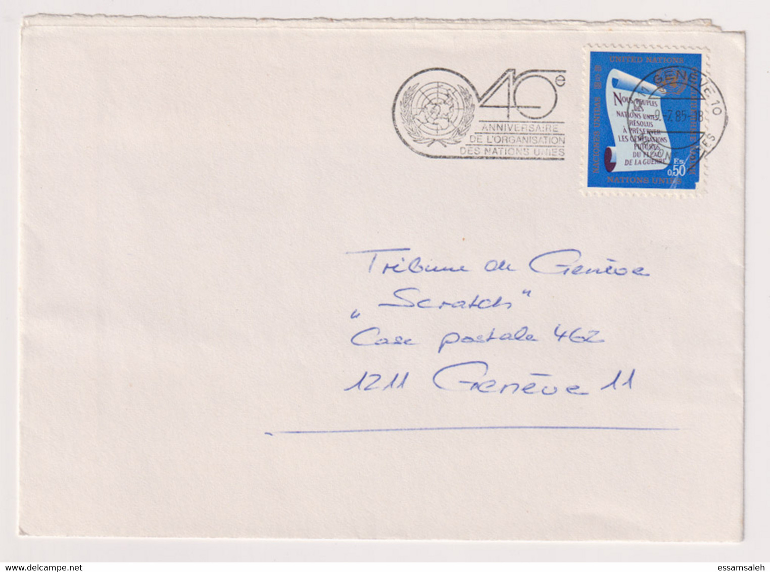 UNS14408 UN Nations Unies Geneve 1985 Cover Bearing Definitive Issue 0.5 F,S, Addressed With Slogan - Storia Postale