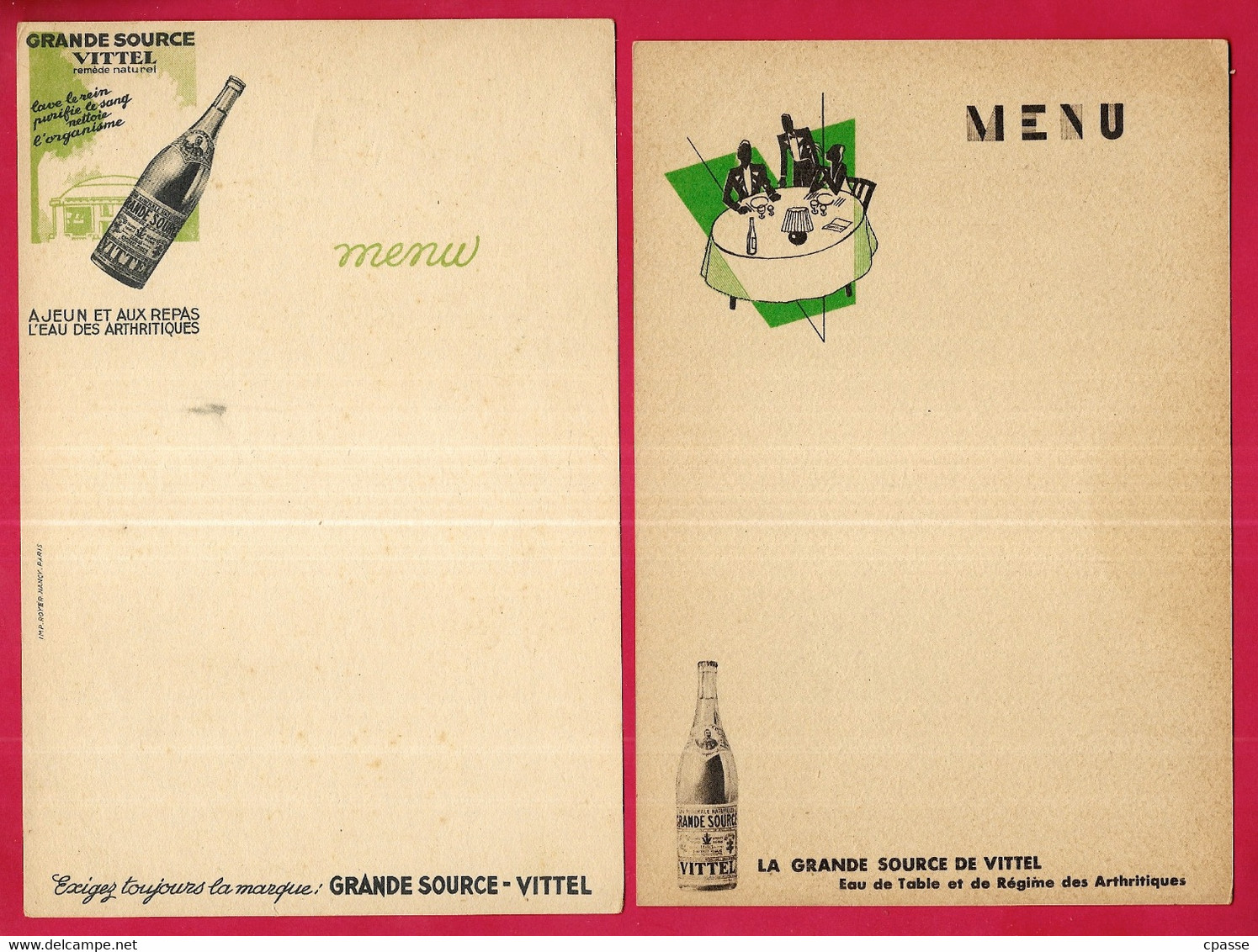 (Lot De 2) MENU Publicitaire EAU De SOURCE VITTEL Vosges 88 - Menus