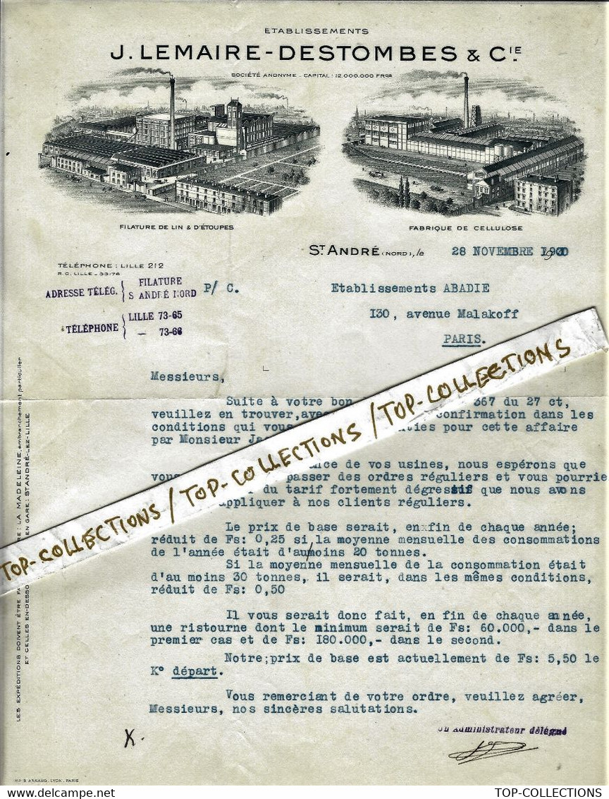 1930 SUPERBE ENTETE DOUBLE J.LEMAIRE DESTOMBES St André (Nord) Filature Lin Etoupes  Cellulose Pour Abadie Paris B.E.V.S - 1900 – 1949