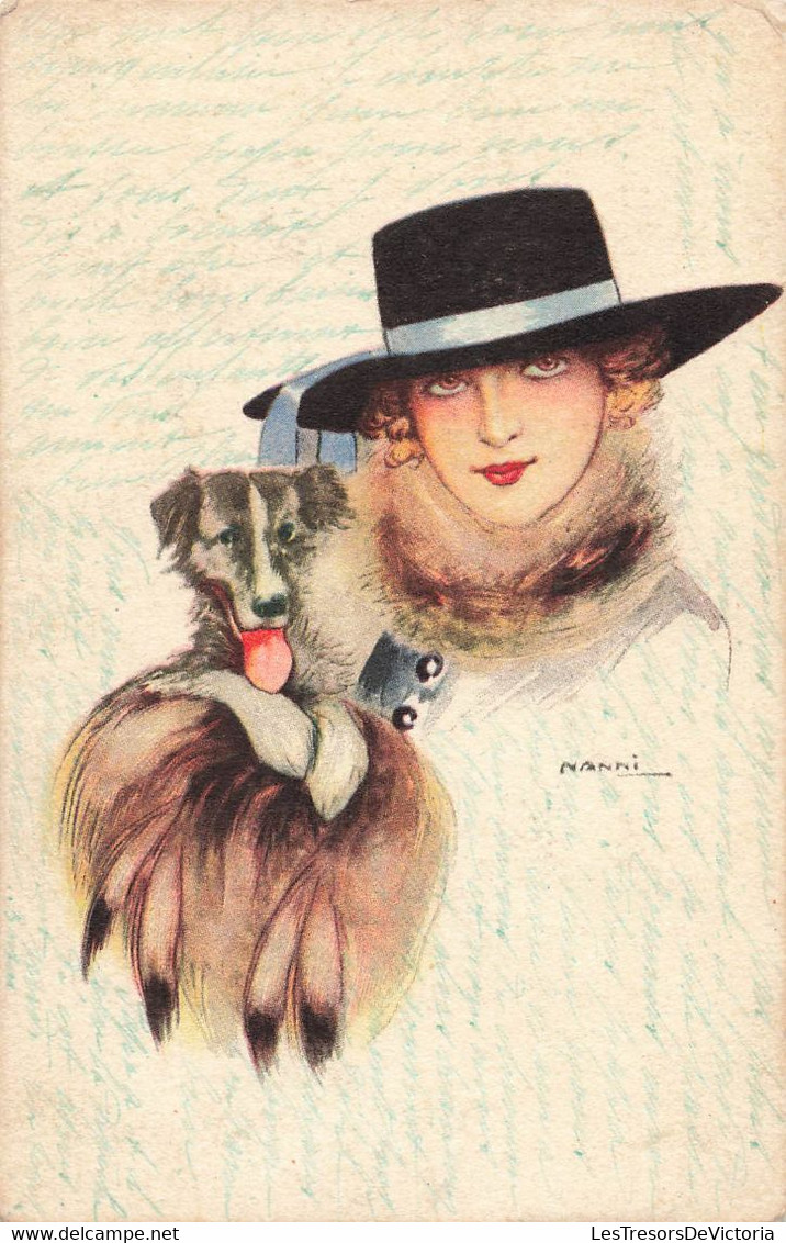 CPA Illustrateur Nanni - Femme Avec Un Chapeau Noir A Noeud Bleu Et Un Chien Dans Les Bras - Nanni