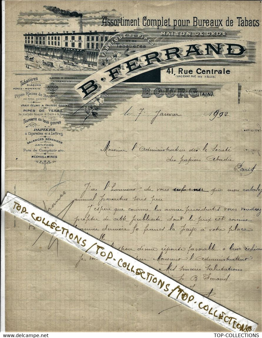 1902 ENTETE B.FERRAND Bourg (Ain) ASSORTIMENT POUR BUREAUX DE TABACS  PIPES TABATIERES Pour Abadie Paris B.E.V.SCANS - 1900 – 1949