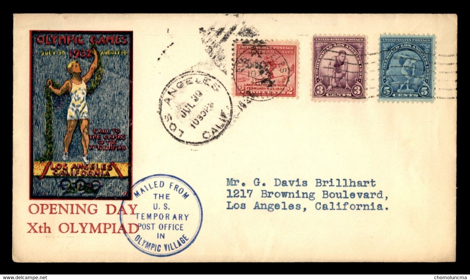 USA Olympic Games Los Angeles 1932 Opening Day Xth Olympiad Complete Stamp Set + Lake Placid Mailed From Olympic Village - Ete 1932: Los Angeles