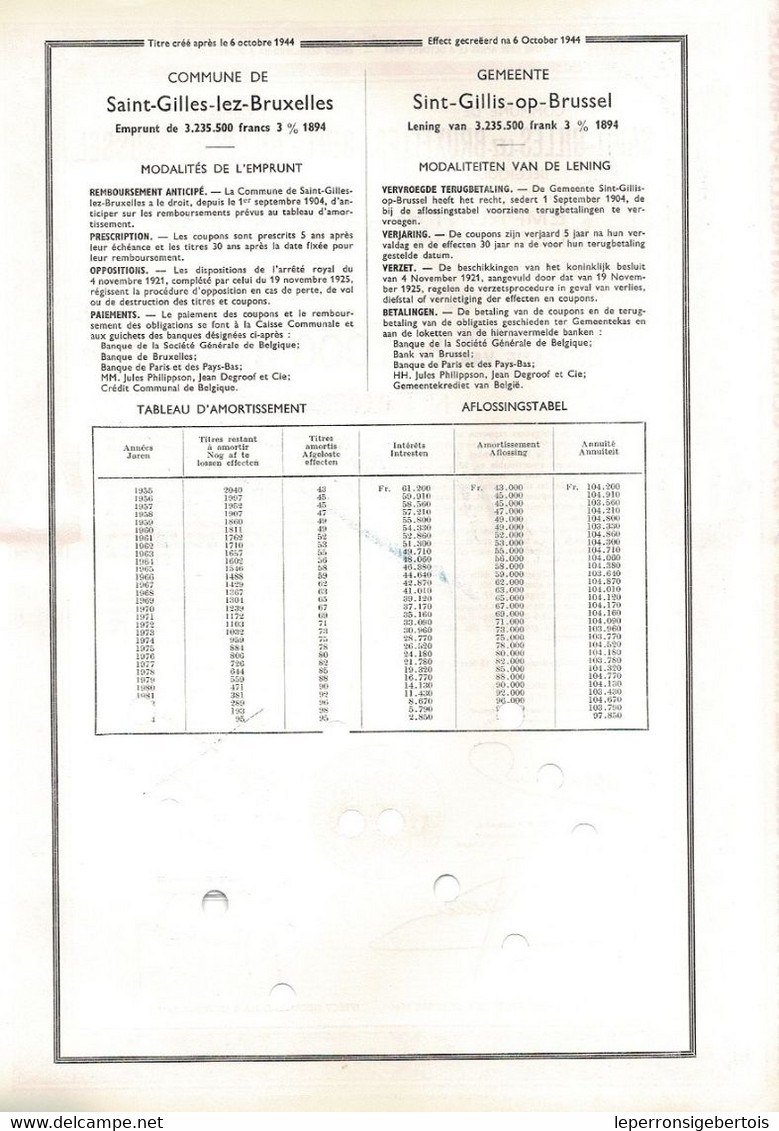 -  Obligation De 1894 - Commune De Saint-Gilles-lez-Bruxelles- Sint-Gillis-op-Brussels - 3% - Titre De 1955 - W - Z