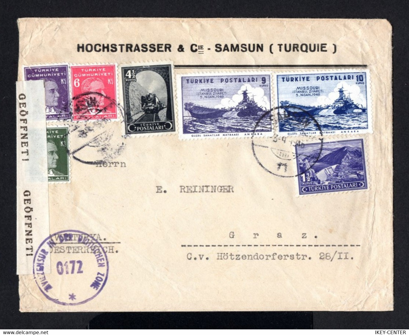 S4593-TURKEY-OLD OTTOMAN CENSOR COVER SAMSUN To GRAZ (austria) 1946.WWII.Enveloppe CENSORED TURQUIE - Storia Postale