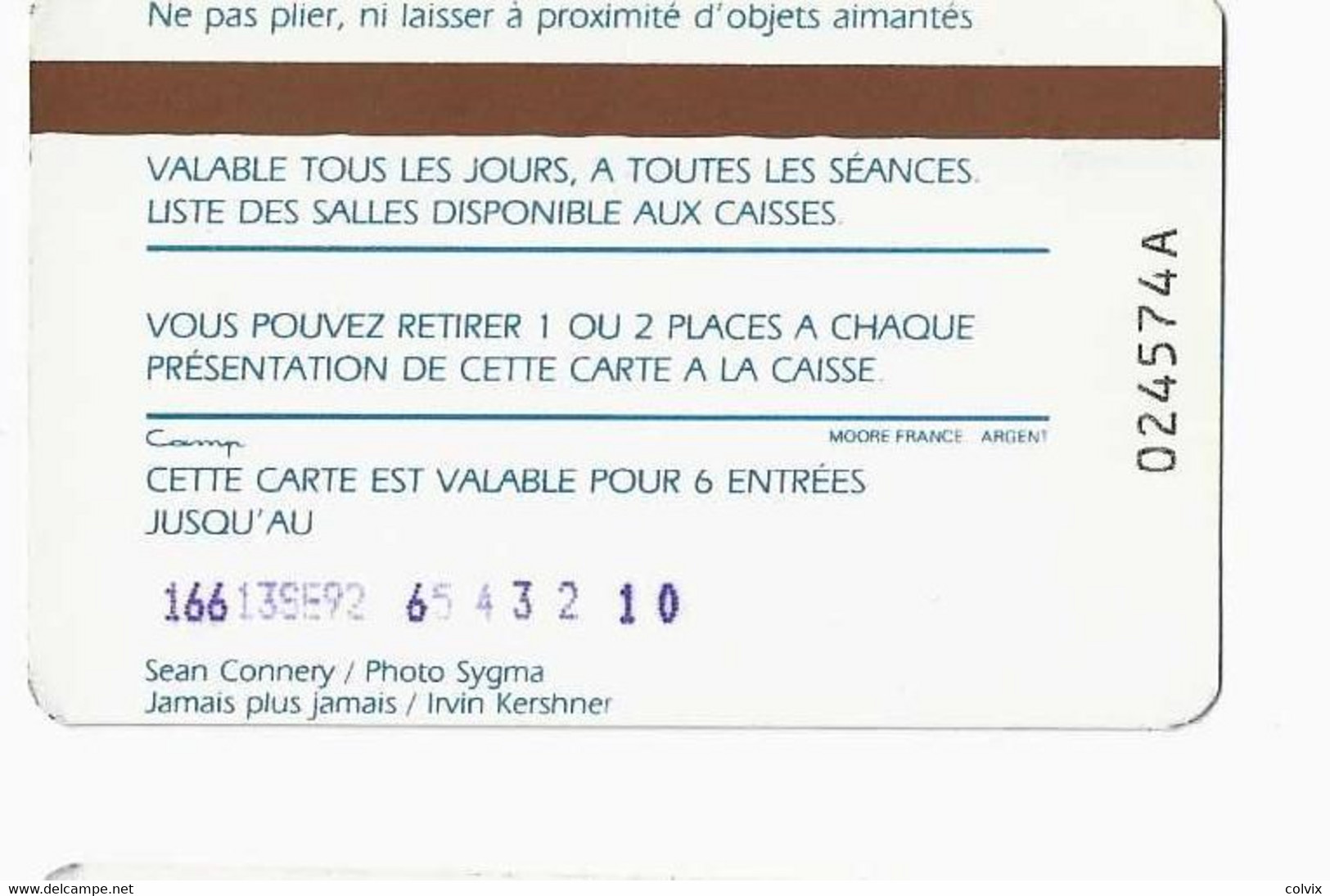 FRANCE CARTE CINEMA UGC SEAN CONNERY FILM JAMAIS PLUS JAMAIS DATE 13 SEPT 1992 - Bioscoopkaarten
