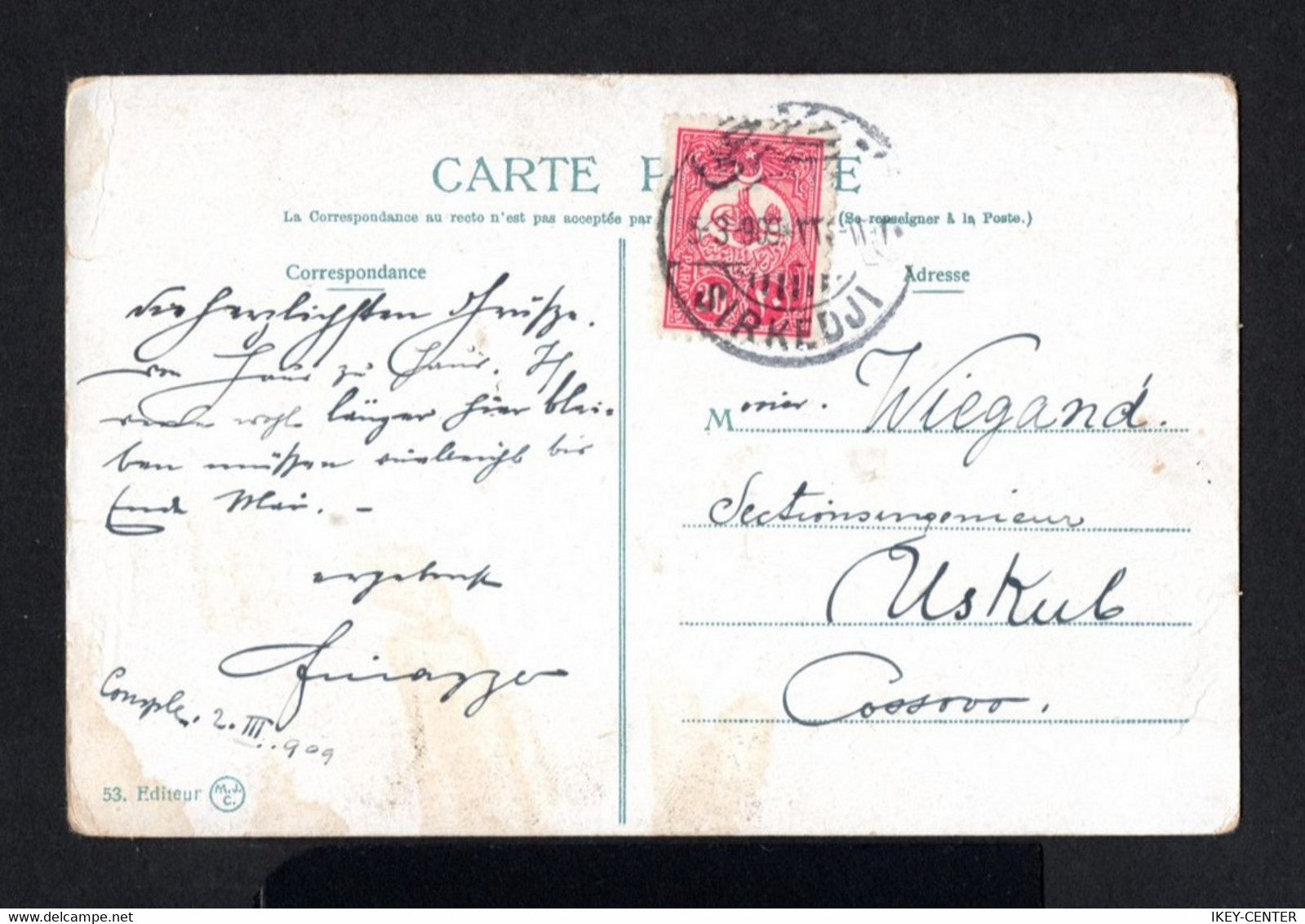 S4691-TURKEY-OLD OTTOMAN POSTCARD SIRKEDJI To USKUB (macedonia) 1909.Carte Postale TURQUIE Postkarte Turkei - Briefe U. Dokumente
