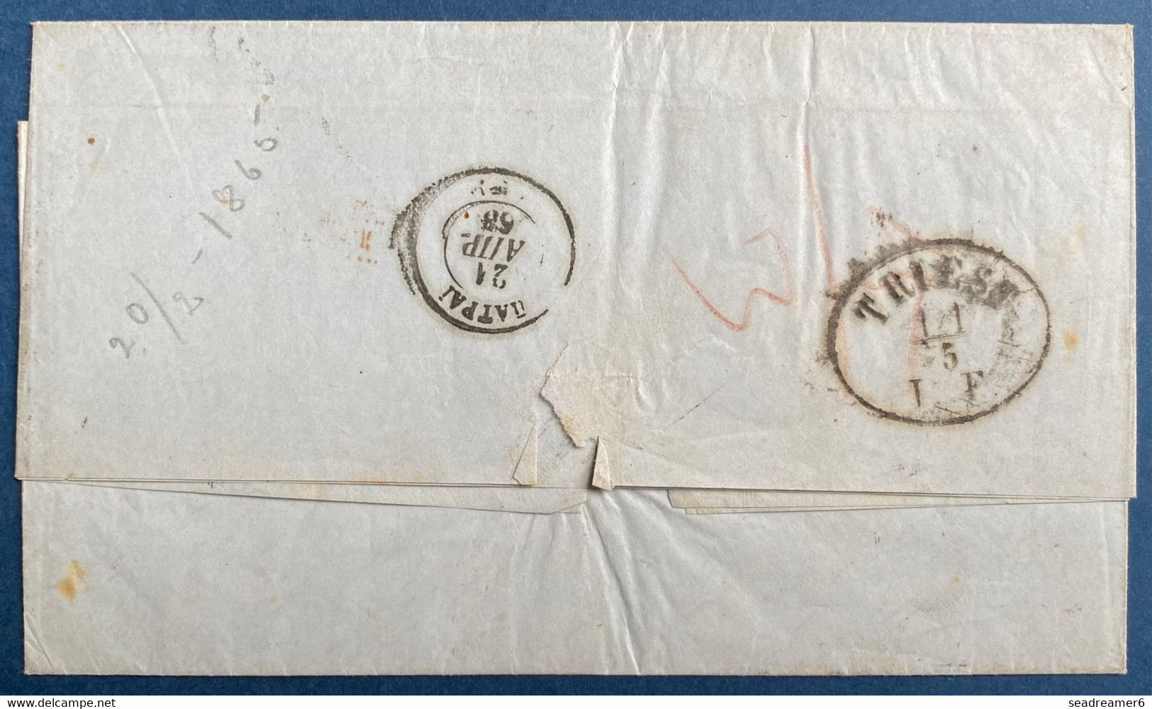 Lettre Tricolore 1865 De Missolonghi GC 49 Sur N°19, 20 & Bande De 3 Du 21 Pour Tarif à 75 Lepta Pour TRIEST Pas Courant - Covers & Documents