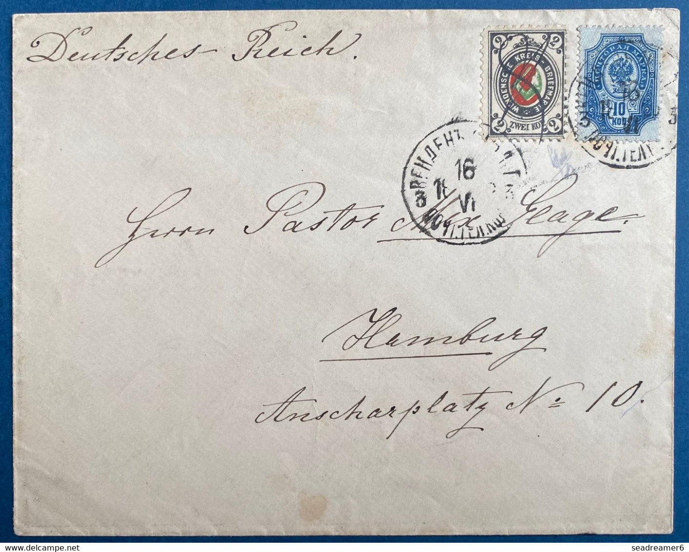 Lettre Mixte WENDEN (CESIS) N°10 Obl Plume + RUSSIA N°44 10 K Bleu Obl Dateur WENDEN Pour HAMBURG CERTIFICAT HOLCOMBE - Lettres & Documents