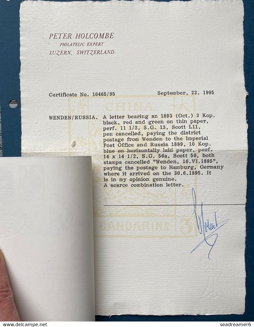 Lettre Mixte WENDEN (CESIS) N°10 Obl Plume + RUSSIA N°44 10 K Bleu Obl Dateur WENDEN Pour HAMBURG CERTIFICAT HOLCOMBE - Briefe U. Dokumente