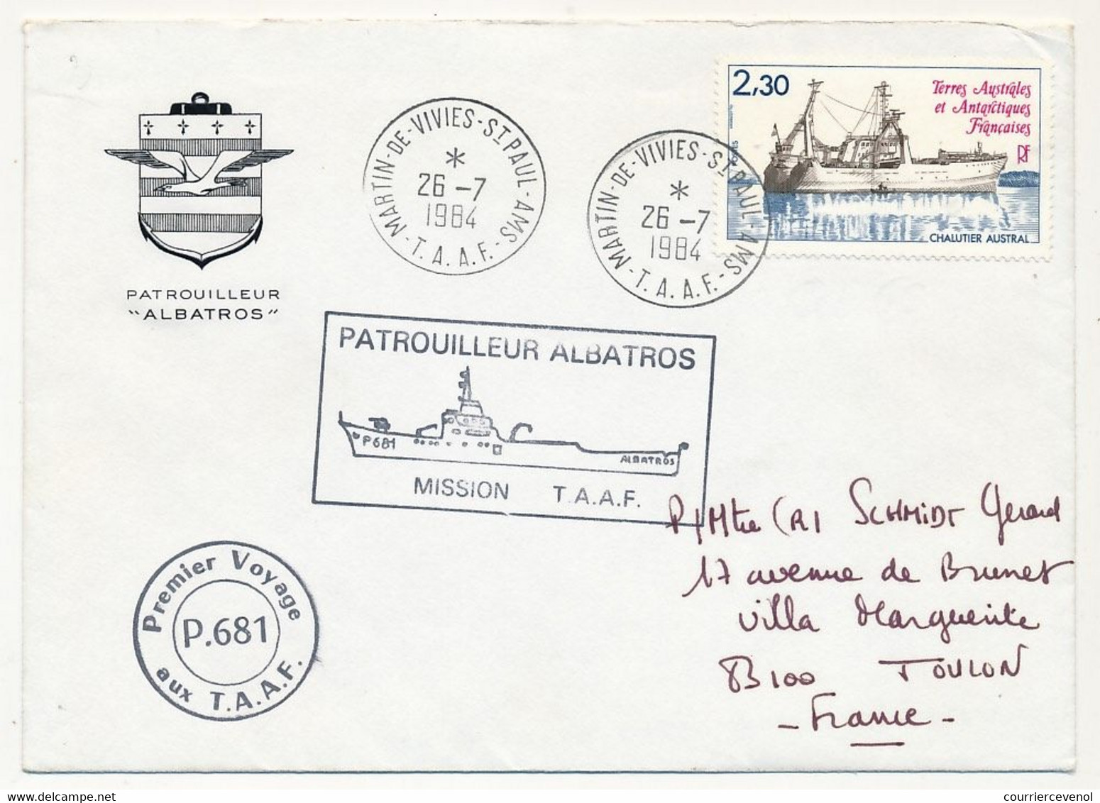 TAAF - Env. Affr 2,30 Chalutier Austral - Martin De Vivies St Paul Ams 26/7/1984 - Mission TAAF Patrouilleur Albatros - Brieven En Documenten