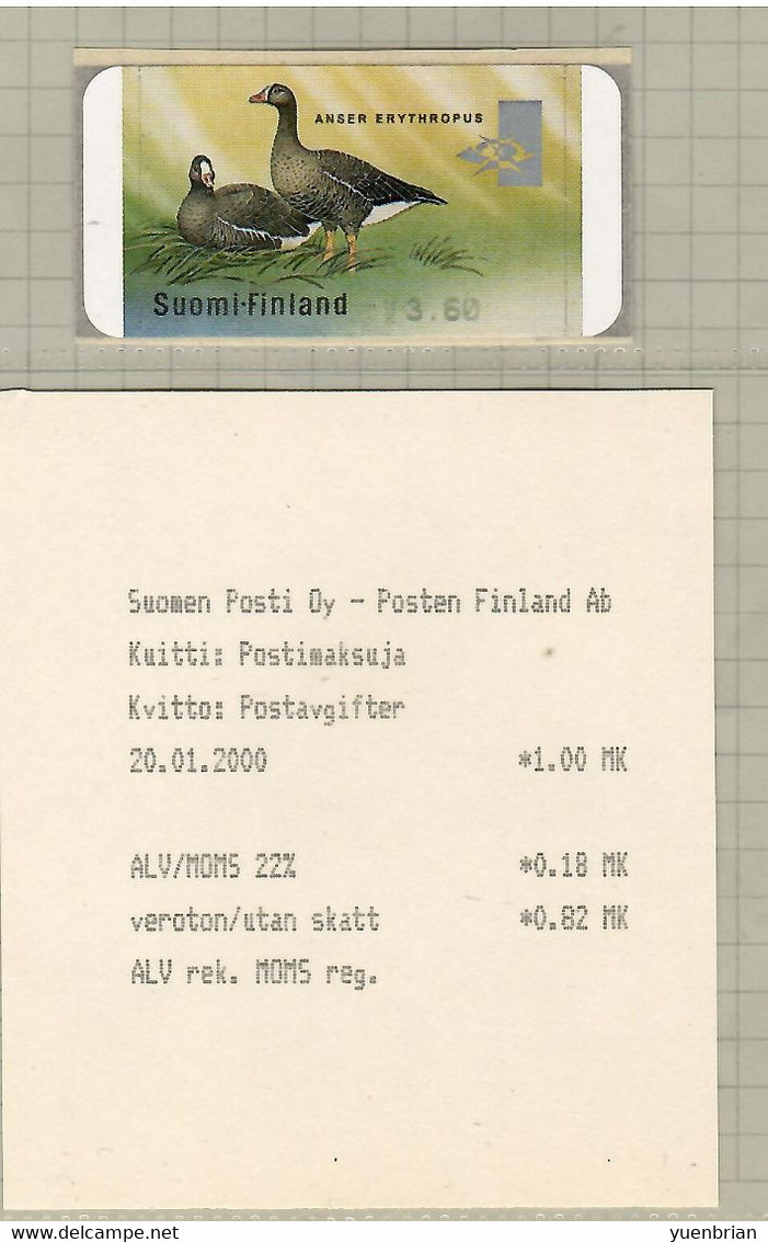 Finland 2000, Bird, Birds, Geese, ATM, 1v With Receipt, MK3.60, MNH** - Oies