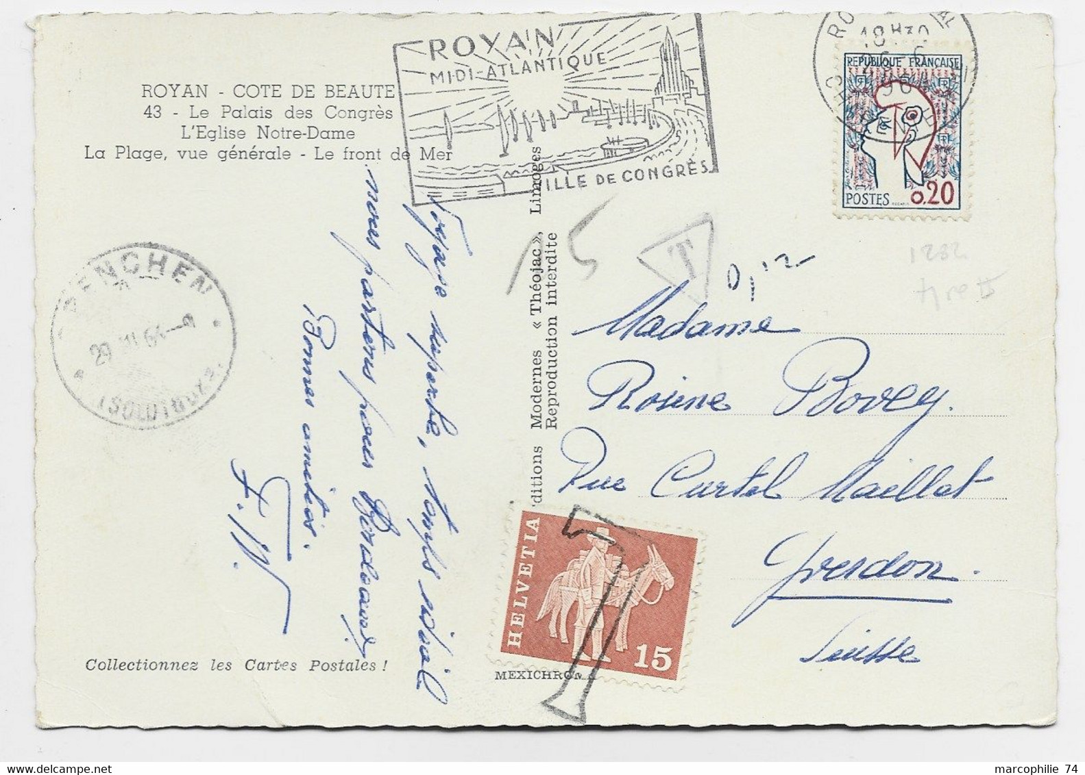 COCTEAU 20C TYPE II SEUL CARTE ROYAN 1964 POUR SUISSE TAXE 15C - 1961 Maríanne De Cocteau