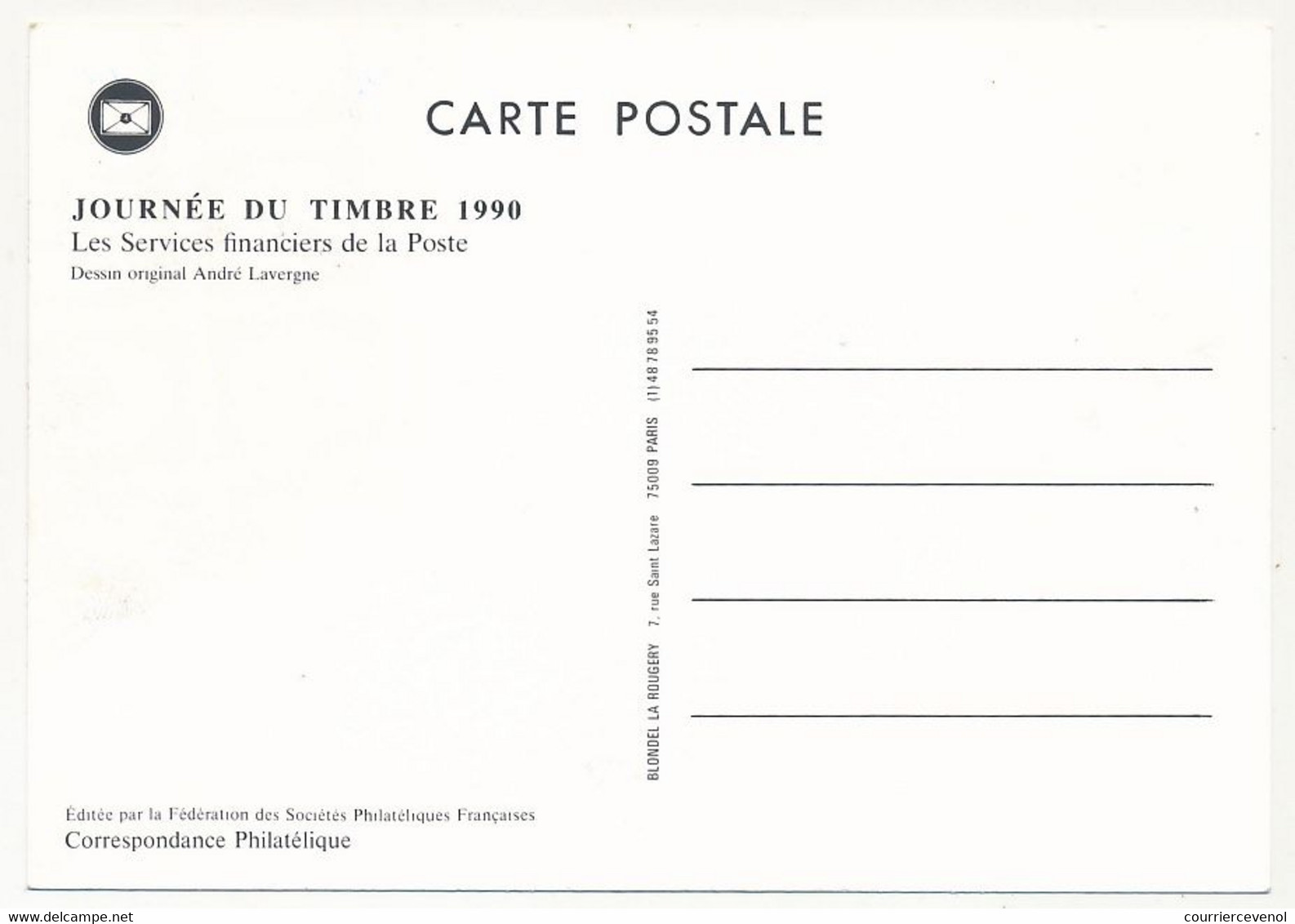 FRANCE - Carte Fédérale - Journée Du Timbre 1990 - Services Financiers De La Poste - 13 AUBAGNE - 17/3/1990 - 1970-1979