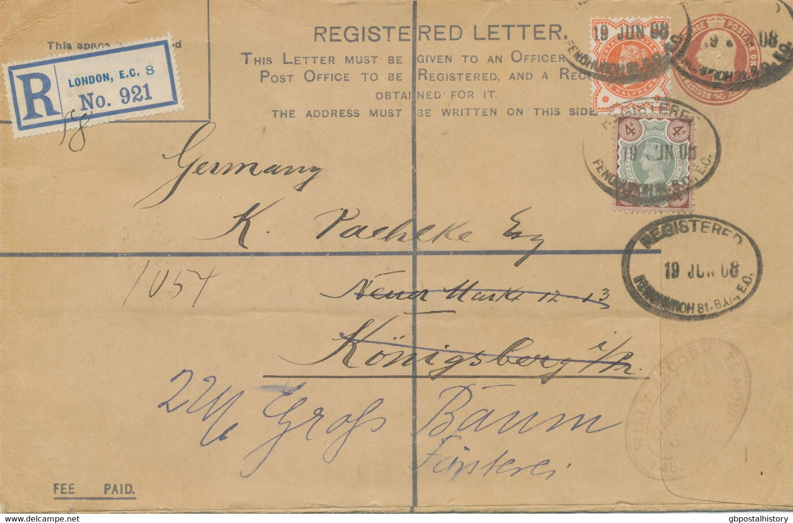 GB 1908 EVII 3d Postal Stationery Registered Env Scarce Size H W R-Label „London, E.C. 14“ And Uprated W QV 1/2d, 4d - Covers & Documents