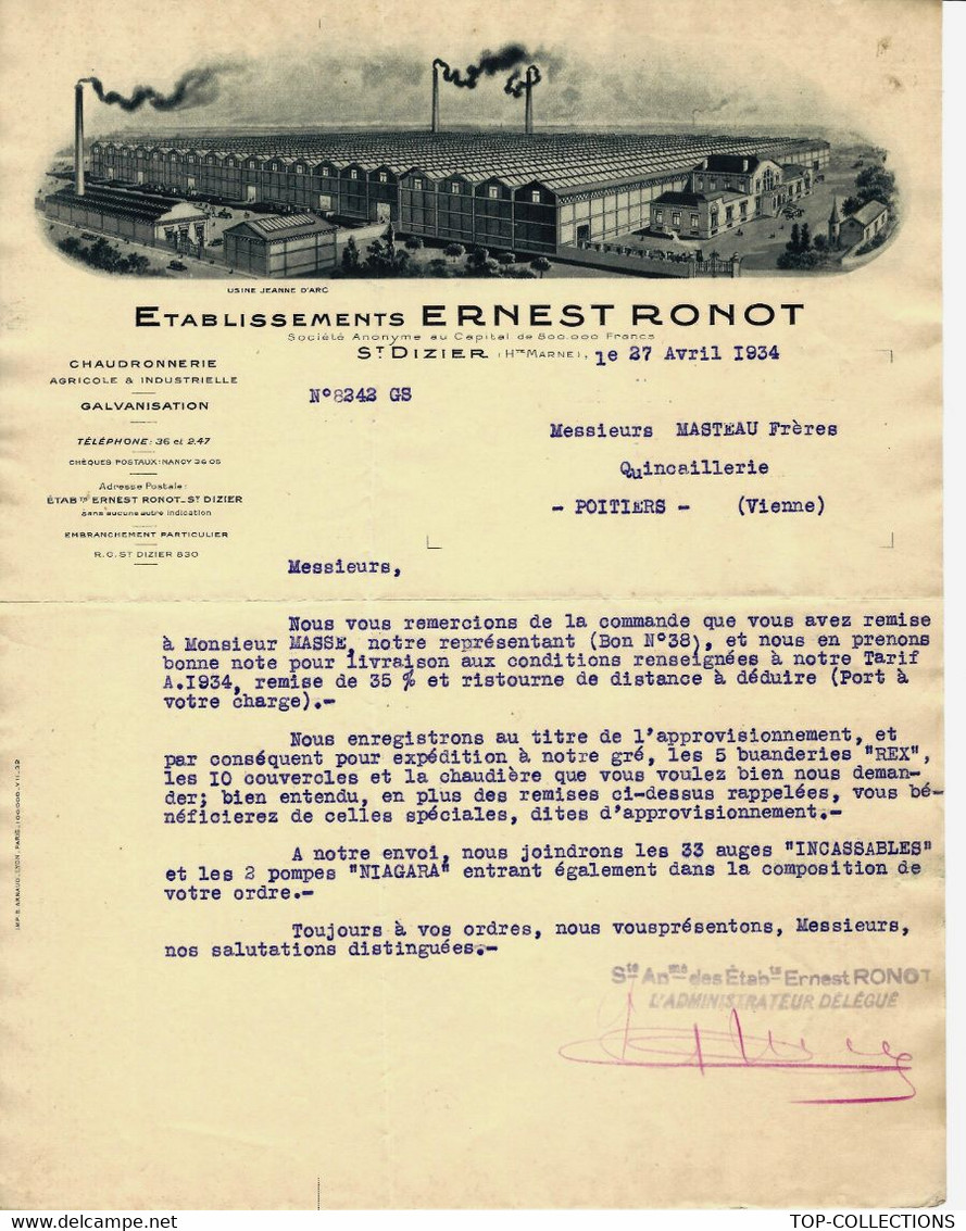 1934 SUPERBE ENTETE Ets Ernest Ronot AGRICULTURE INDUSTRIE CHAUDRONNERIE St Dizier Haute Marne => Poitiers Vienne V.HIST - 1900 – 1949