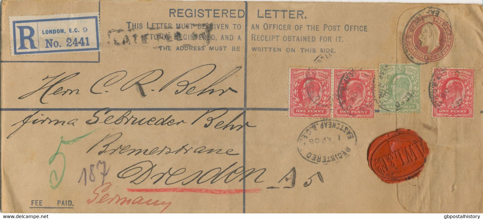 GB 1906, EVII Superb Used 3d Postal Stationery Registered Envelope Scarce Size H2 Uprated With ½d Yellowgreen And 1d Red - Briefe U. Dokumente