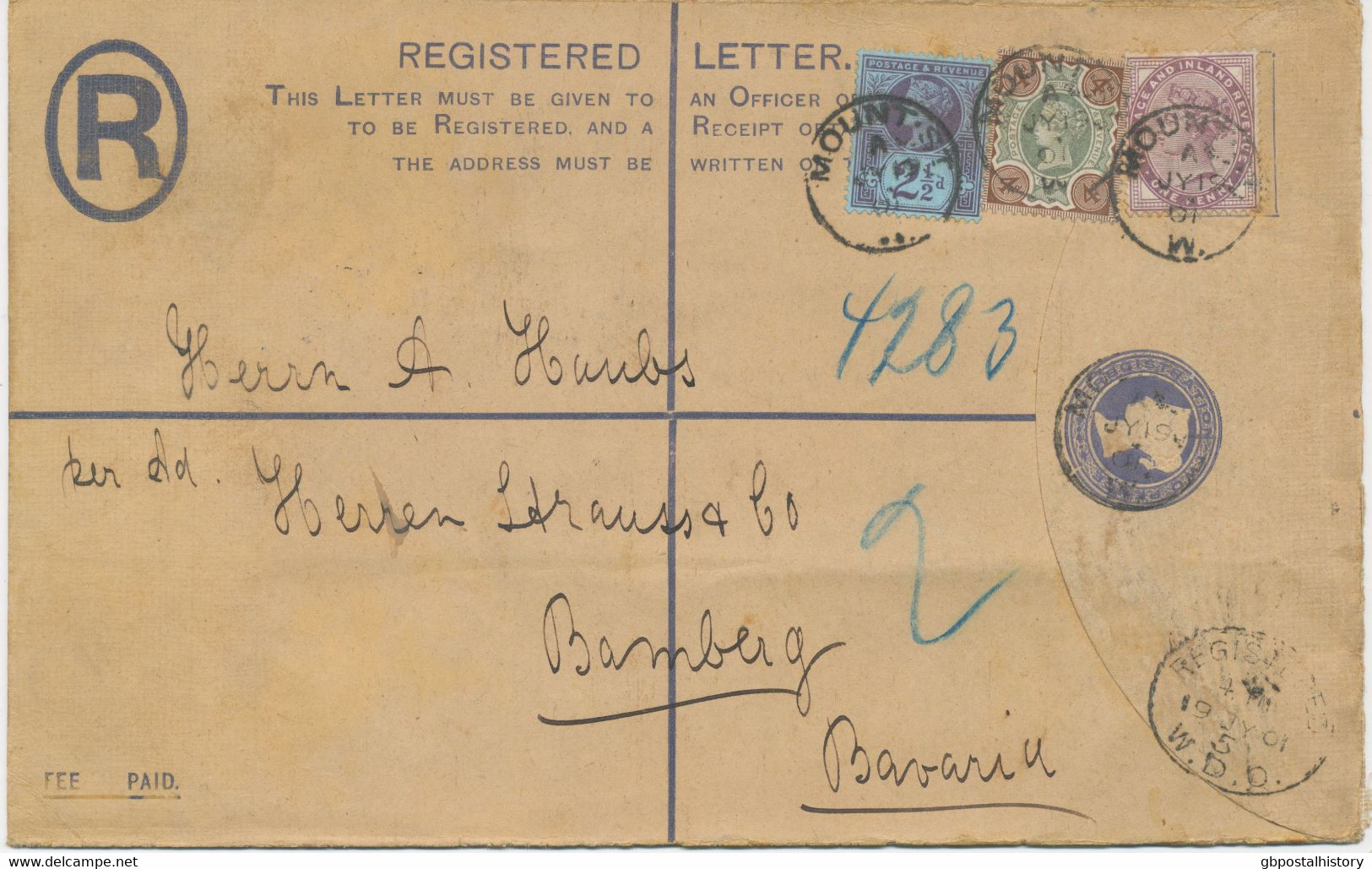 GB 1901, QV 2d Superb Postal Stationery Registered Envelope Size H, Uprated With 1d Lilac And Jubilee 2½d And 4d Tied By - Storia Postale