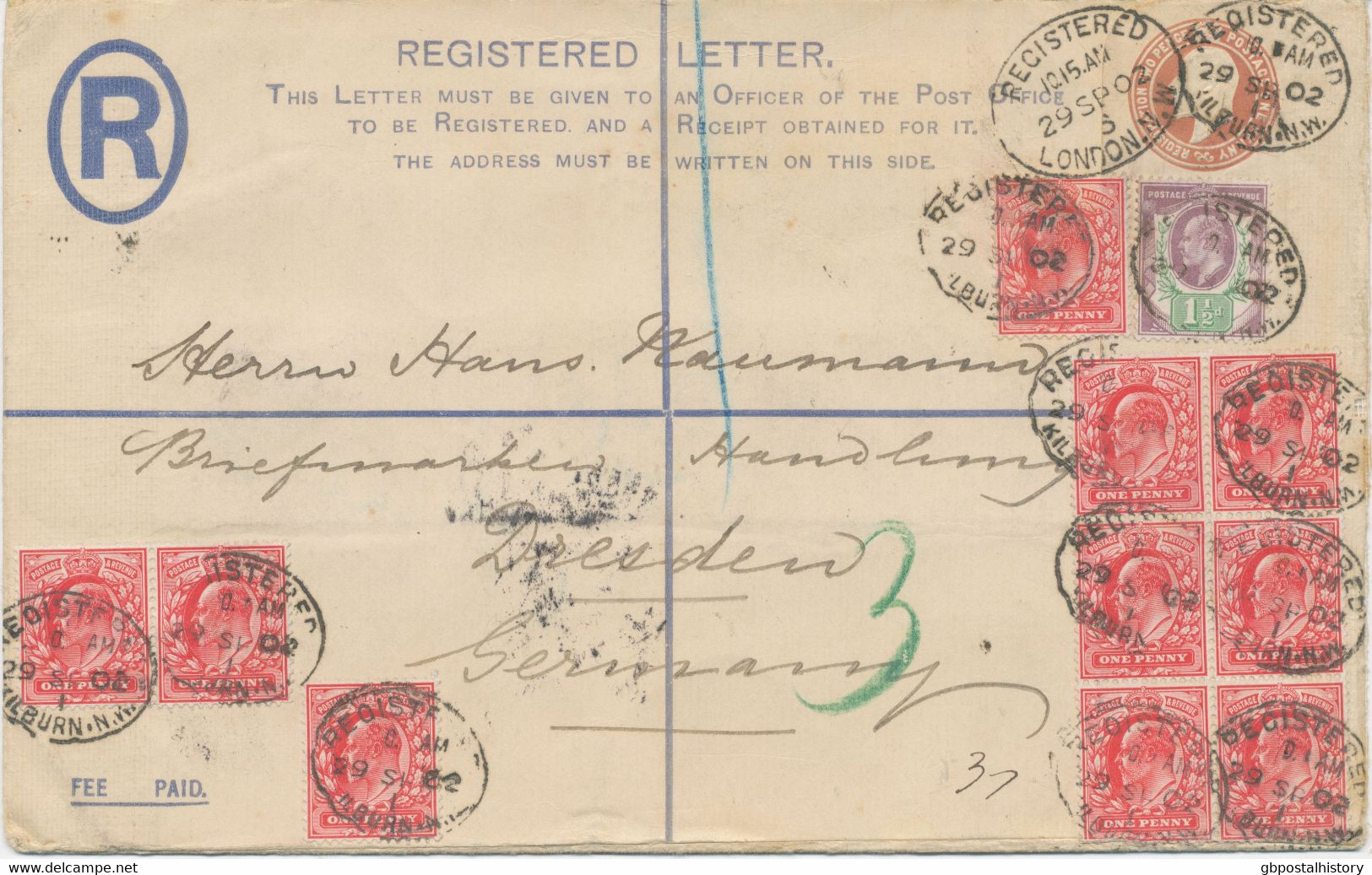 GB 1902, EVII Superb Used 3d Postal Stationery Registered Envelope Scarce Size H Uprated With 1d Red (10 X, Within Block - Brieven En Documenten