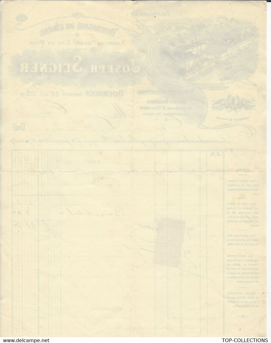 1912 SUPERBE ENTETE DISTILLERIE DE L’ISERE RATAFIA CASSIS EAU DE NOIX  Joseph Seigner à Bourgoin (Isère) V.HISTORIQUE - 1900 – 1949