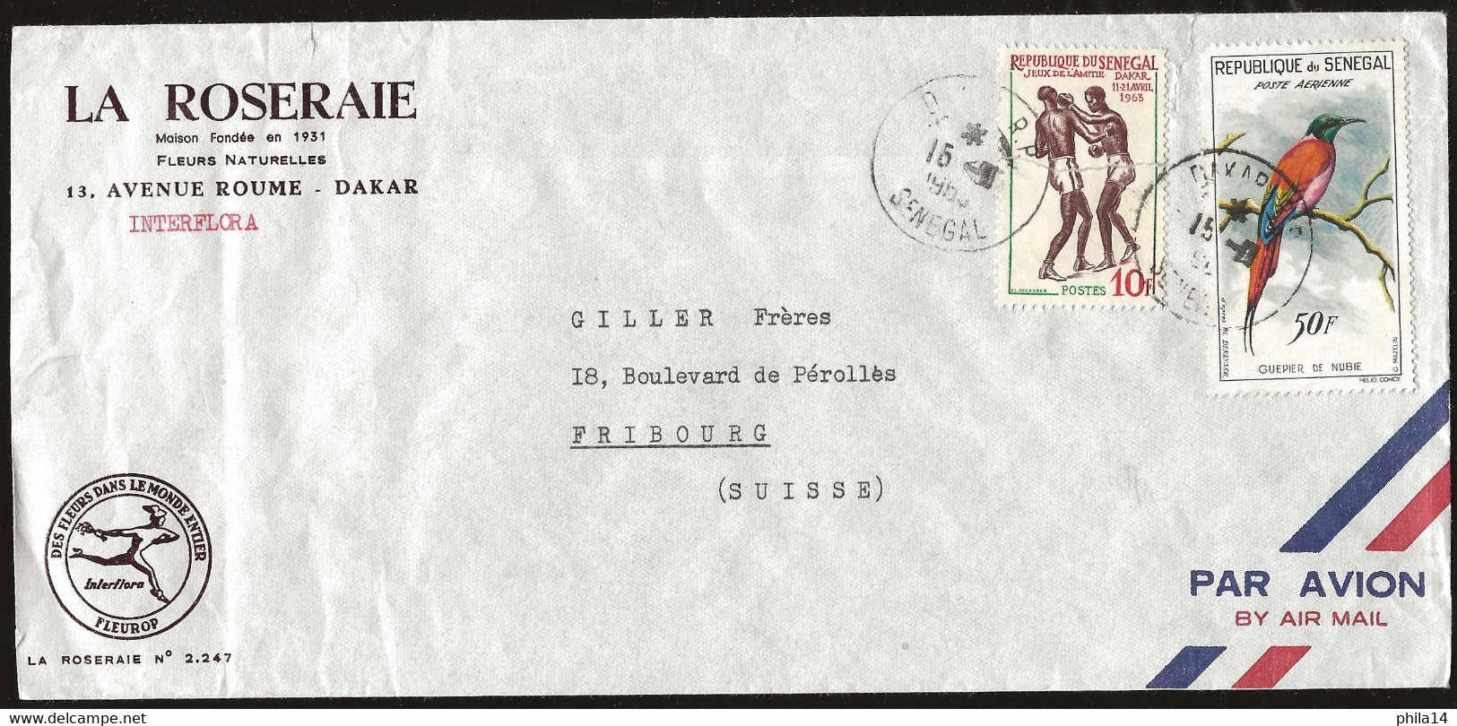 ENVELOPPE SENEGAL DAKAR / LA ROSERAIE INTERFLORA / POUR FRIBOURG SUISSE / 1963 - Sénégal (1960-...)