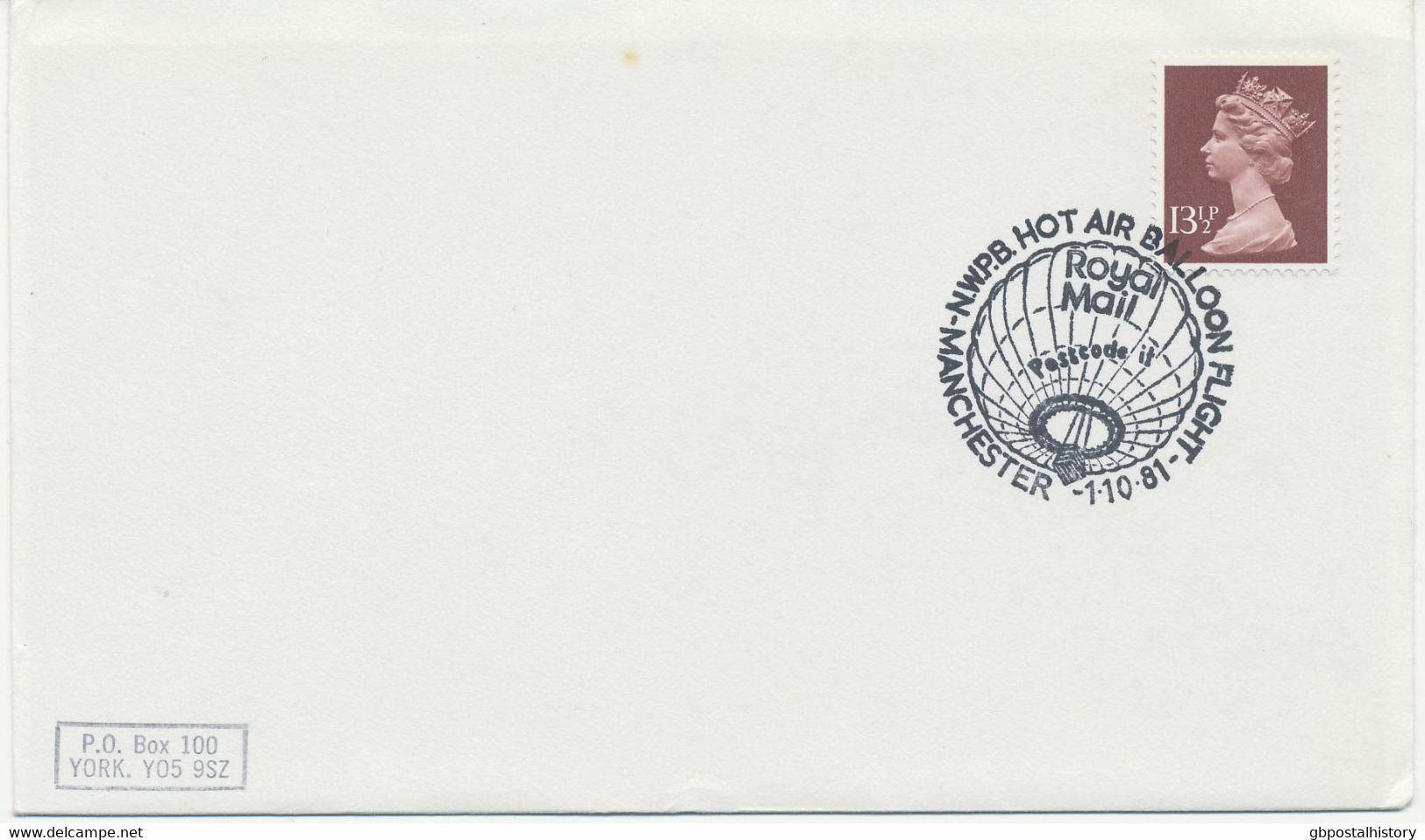 GB SPECIAL EVENT POSTMARKS N.W.P.B. HOT AIR BALLOON FLIGHT MANCHESTER 1-10-81 Royal Mail - Postcode It - Marcophilie