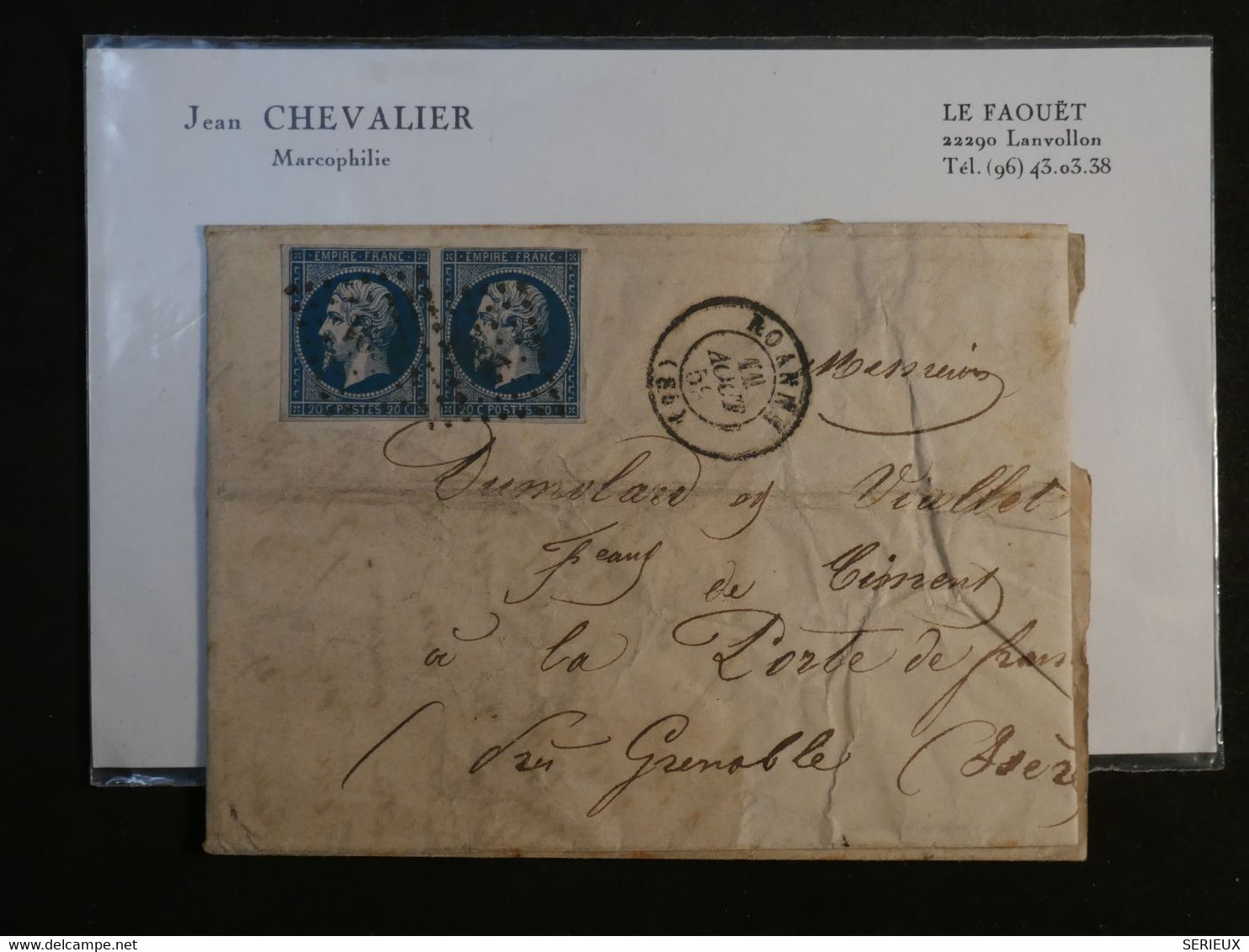 BK12  FRANCE BELLE LETTRE 1859 ROANNE A LA PORTE GRENOBLE  +PAIRE  N°14 +++AFF. INTERESSANT++ - 1853-1860 Napoleon III